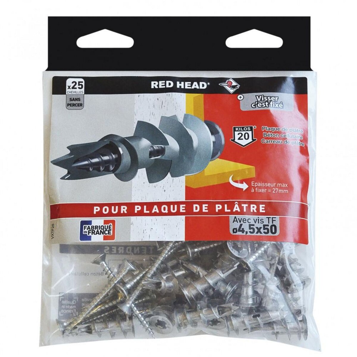 RED HEAD Lot de 25 chevilles et vis à visser vix RED HEAD, Diam.12 x L.30 mm