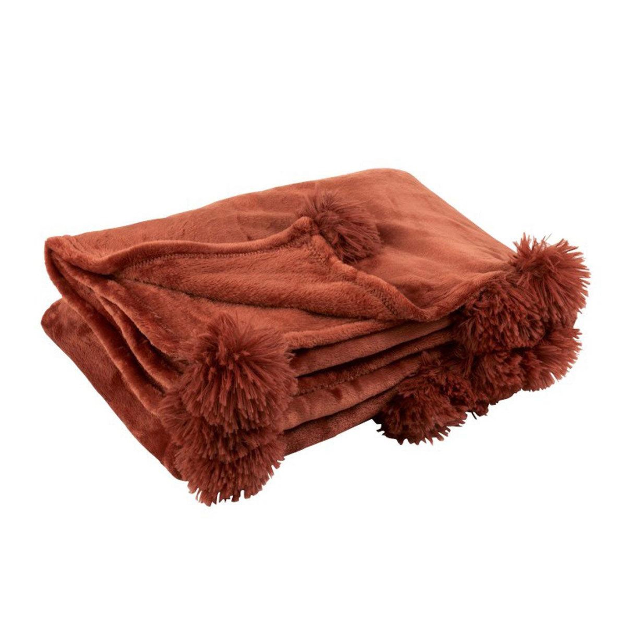 J-LINE Plaid déco à pompons  polyes  130x170cm marsala