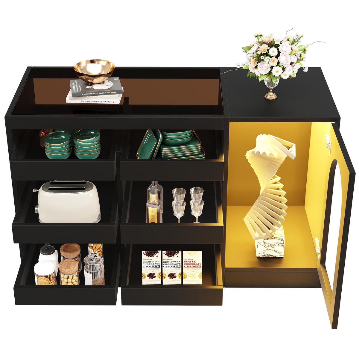 MERAX Buffet 1 porte(s) 6 tiroir(s) - 120 cm noir led mdf