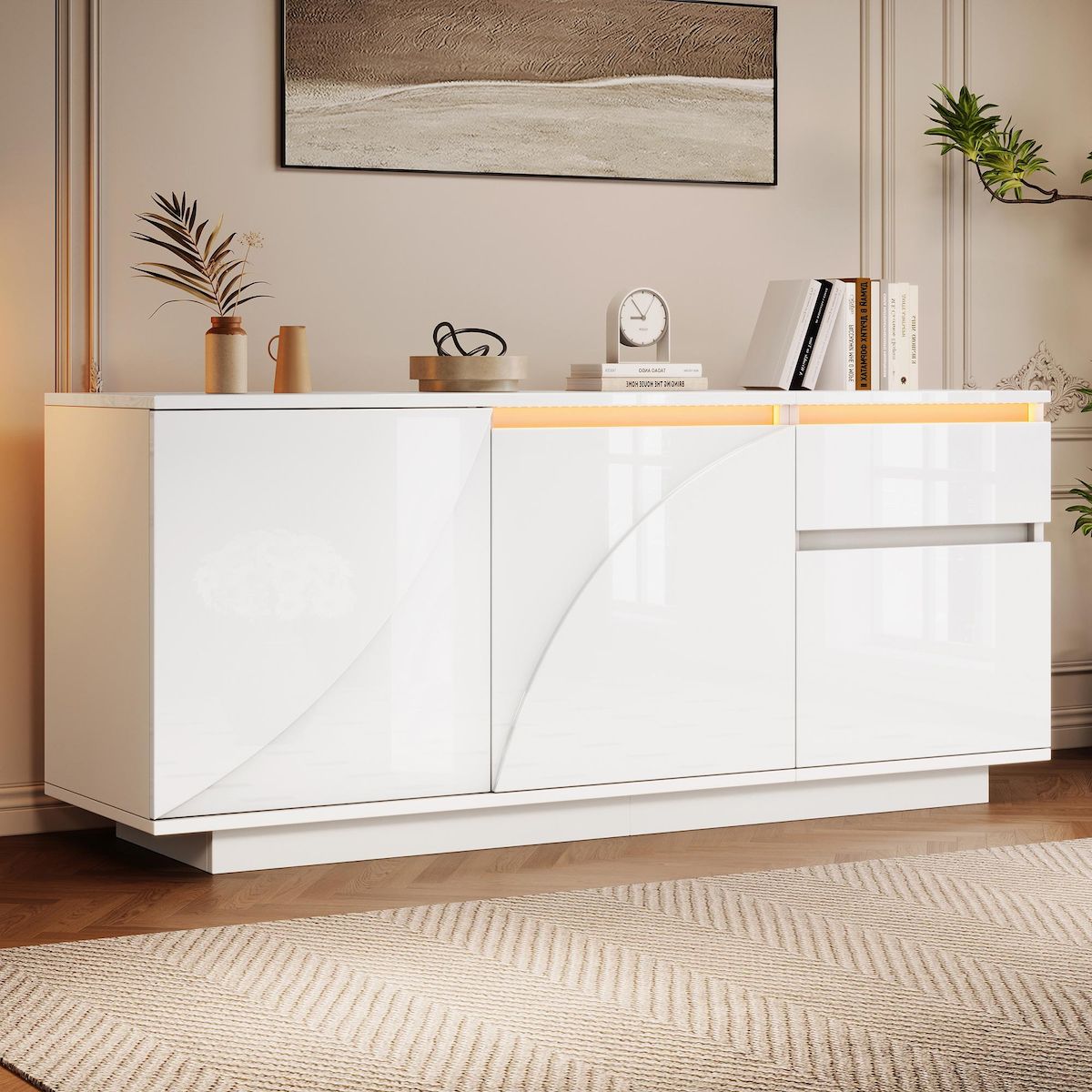 MERAX Buffet 3 porte(s) 1 tiroir(s) - 140 cm blanc led mdf