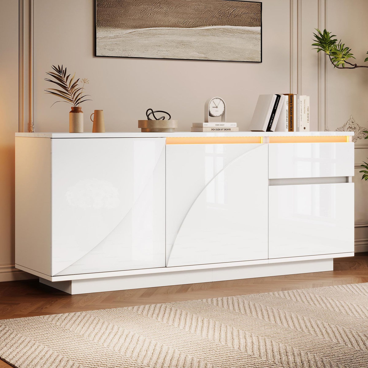 MERAX Buffet 3 porte(s) 1 tiroir(s) - 140 cm blanc led mdf