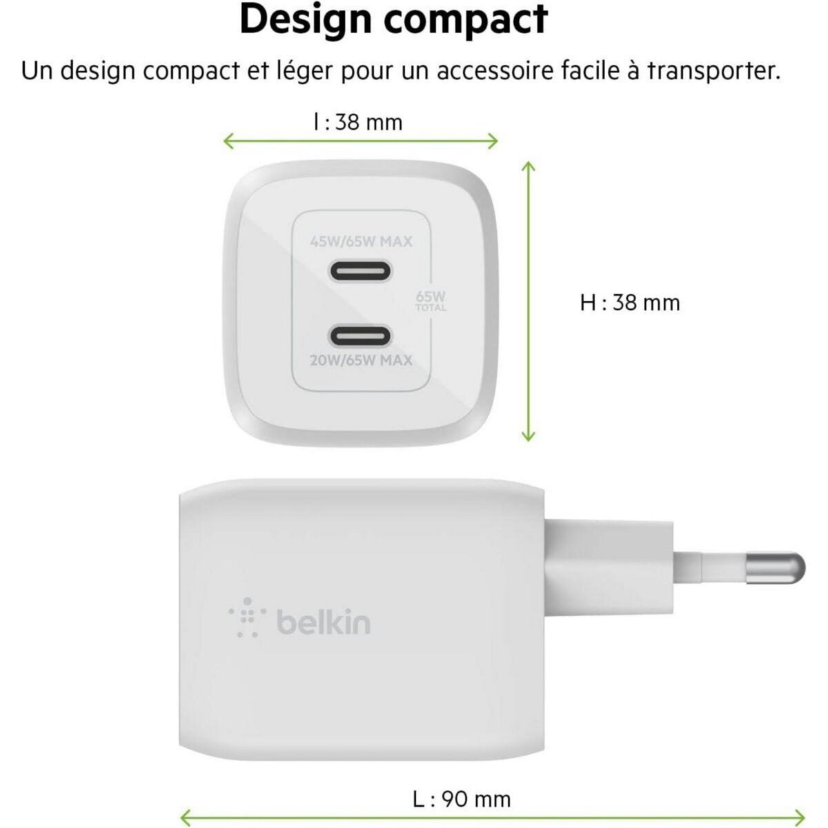 Belkin Chargeur USB C x2 65W GaN PPS Blanc