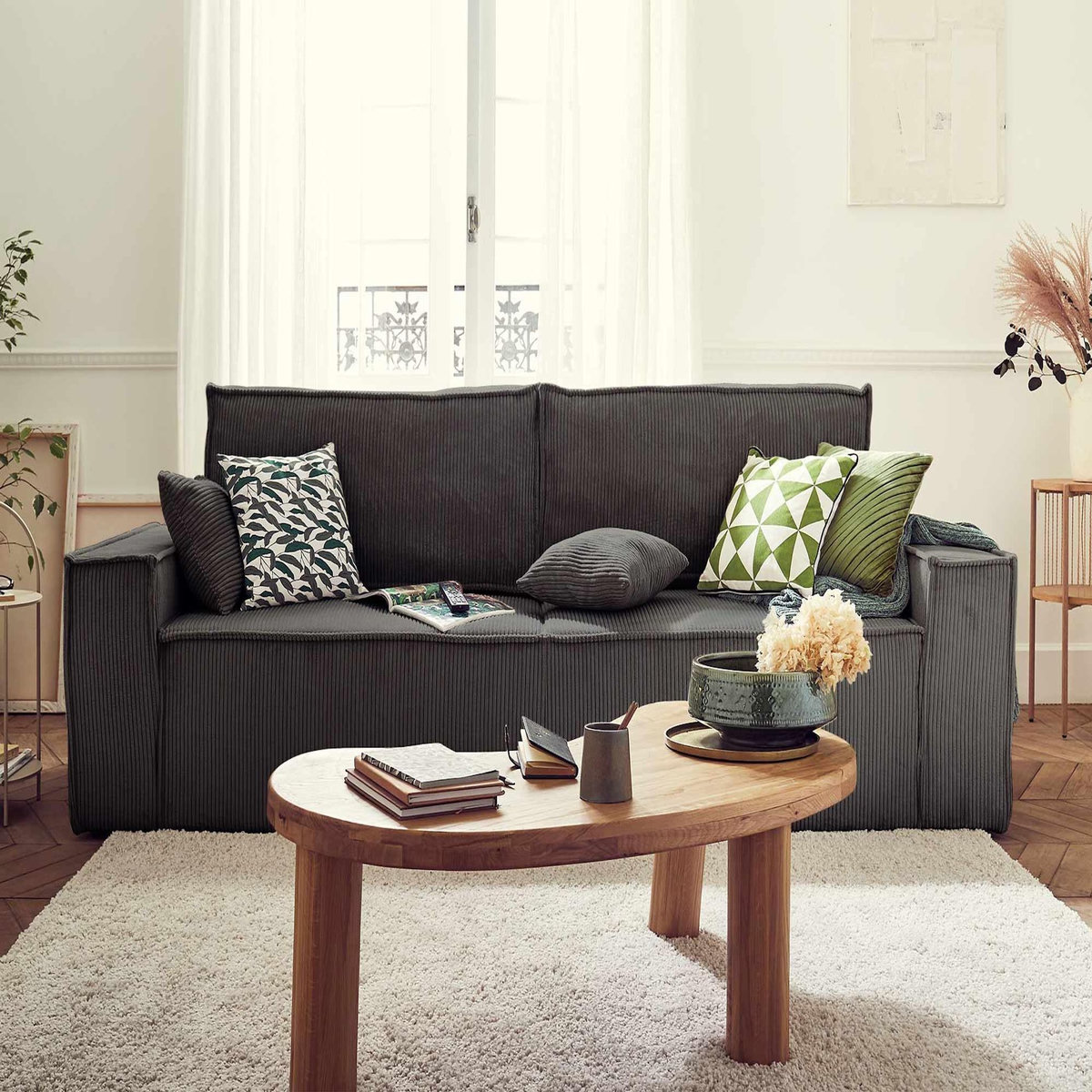 BEST MOBILIER Dellia - canapé 3 places convertible - avec coffre - en velours côtelé - style contemporain