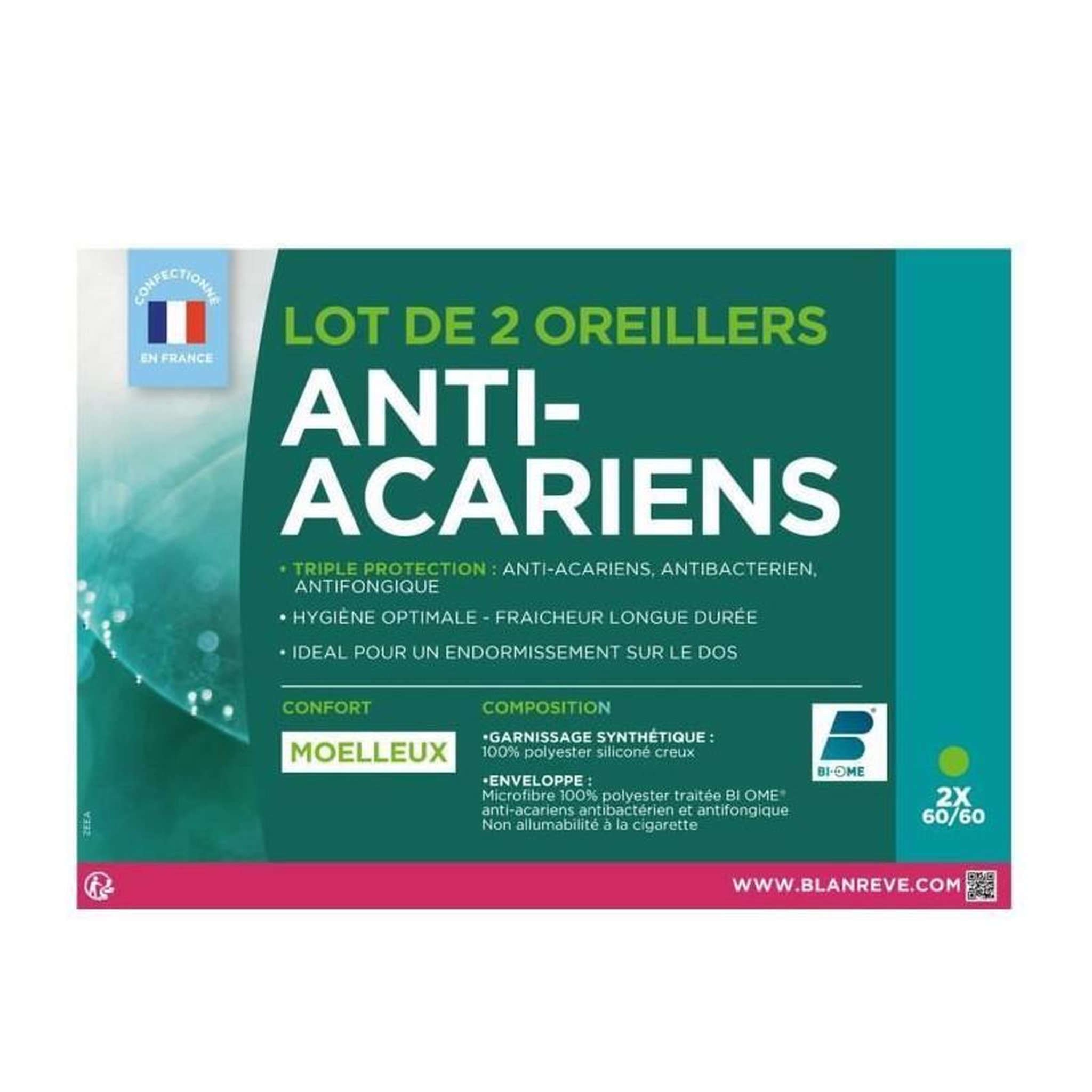 Voir la diapositive 3 : BLANREVE BLANREVE Lot de 2 Oreillers Triple Protection - 60 x 60 cm - Blanc