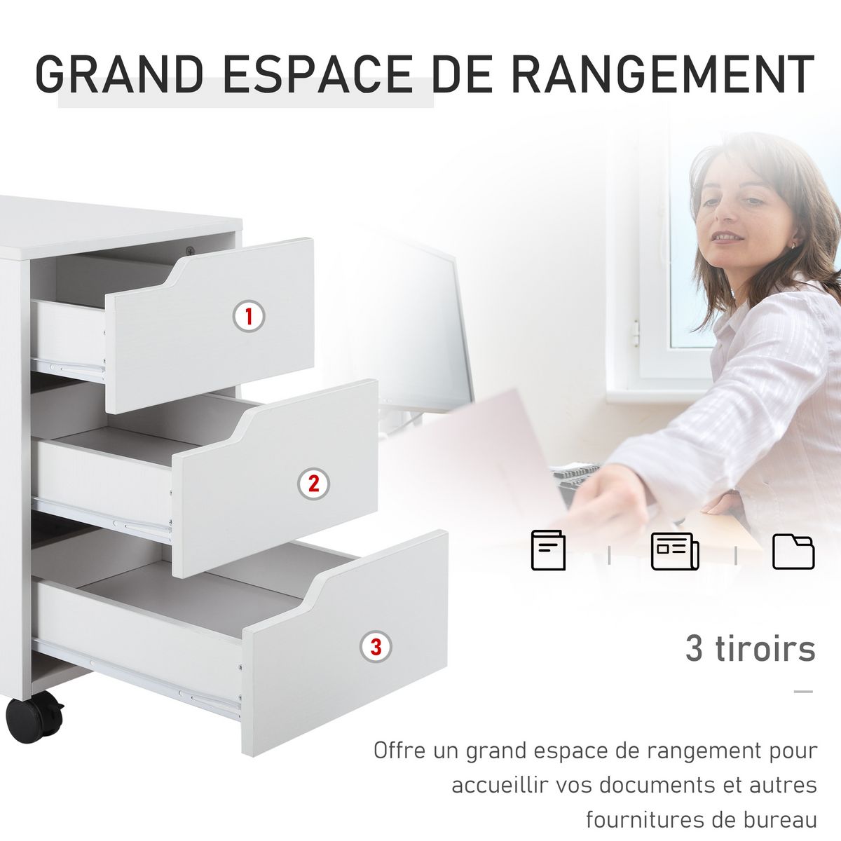HOMCOM HOMCOM Caisson de bureau rangement sur roulettes 3 tiroirs verrouillables 40 x 50 x 57,5 cm MDF blanc