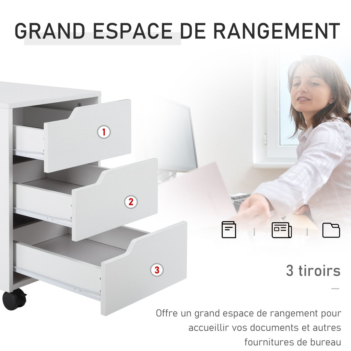 HOMCOM HOMCOM Caisson de bureau rangement sur roulettes 3 tiroirs verrouillables 40 x 50 x 57,5 cm MDF blanc