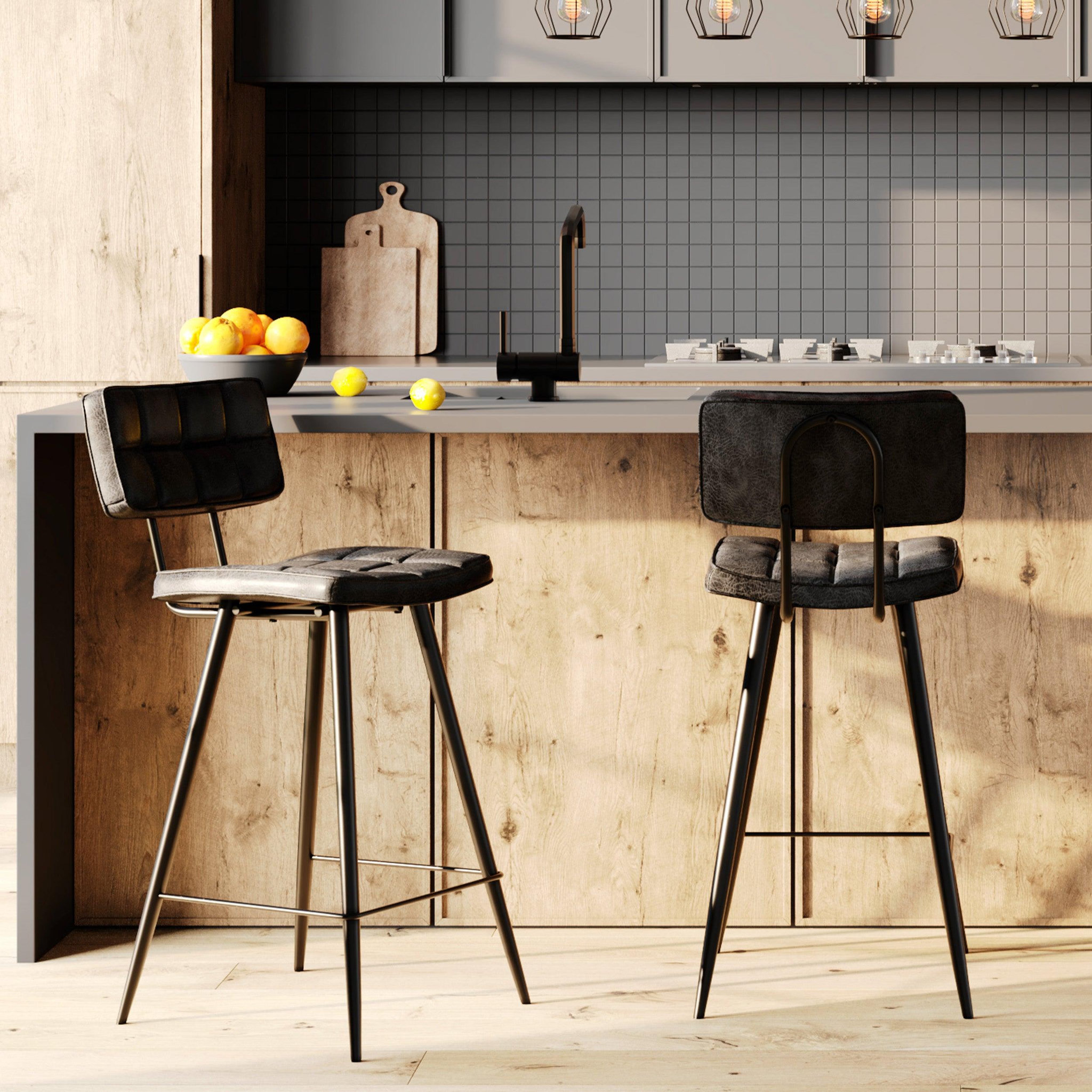 Voir la diapositive 2 : MAISON PAVANE Lot de 2 chaises pour îlot central 66 cm capitonnée gris/noir-texas