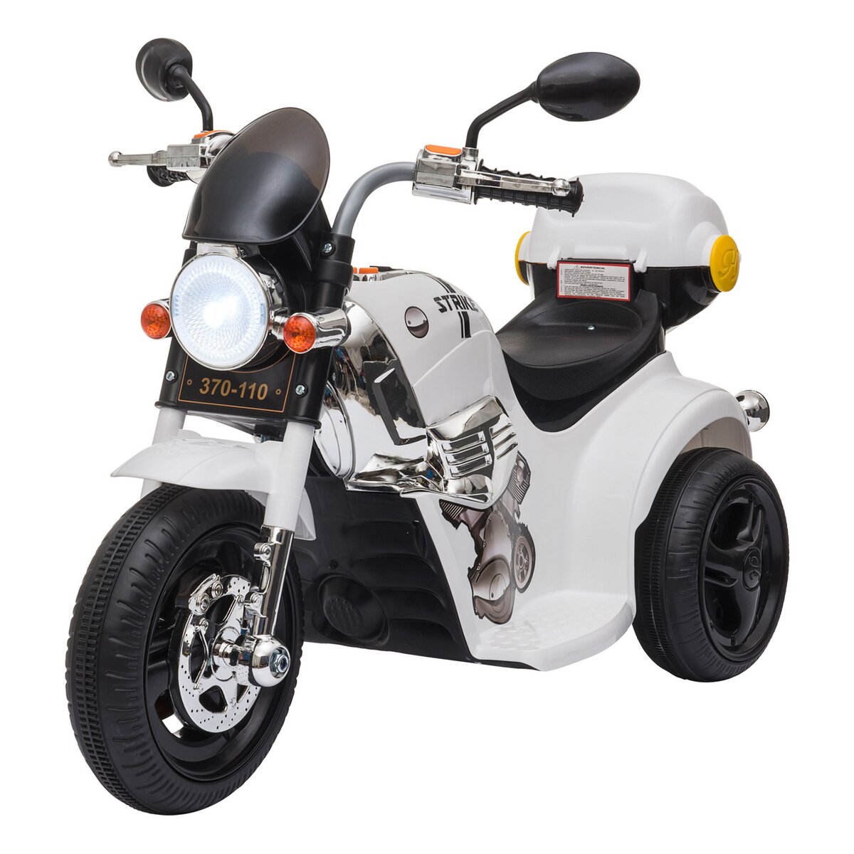 HOMCOM Moto électrique pour enfants scooter 3 roues 6 V 3 Km/h effets  lumineux et sonores top case blanc pas cher 