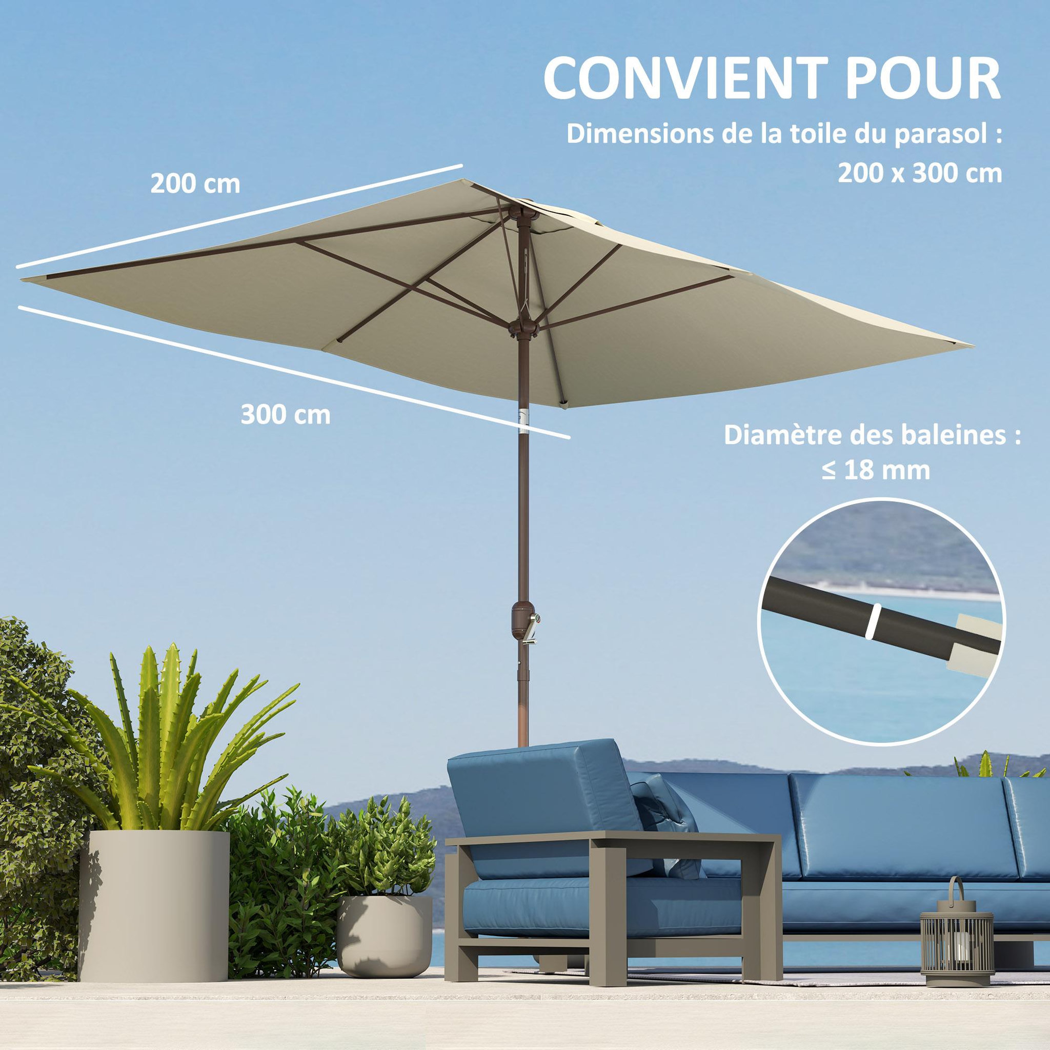 Voir la diapositive 4 : OUTSUNNY Toile de remplacement pour parasol 3 x 2 m 6 baleines - toile de rechange pour parasol - UPF 50+ - beige
