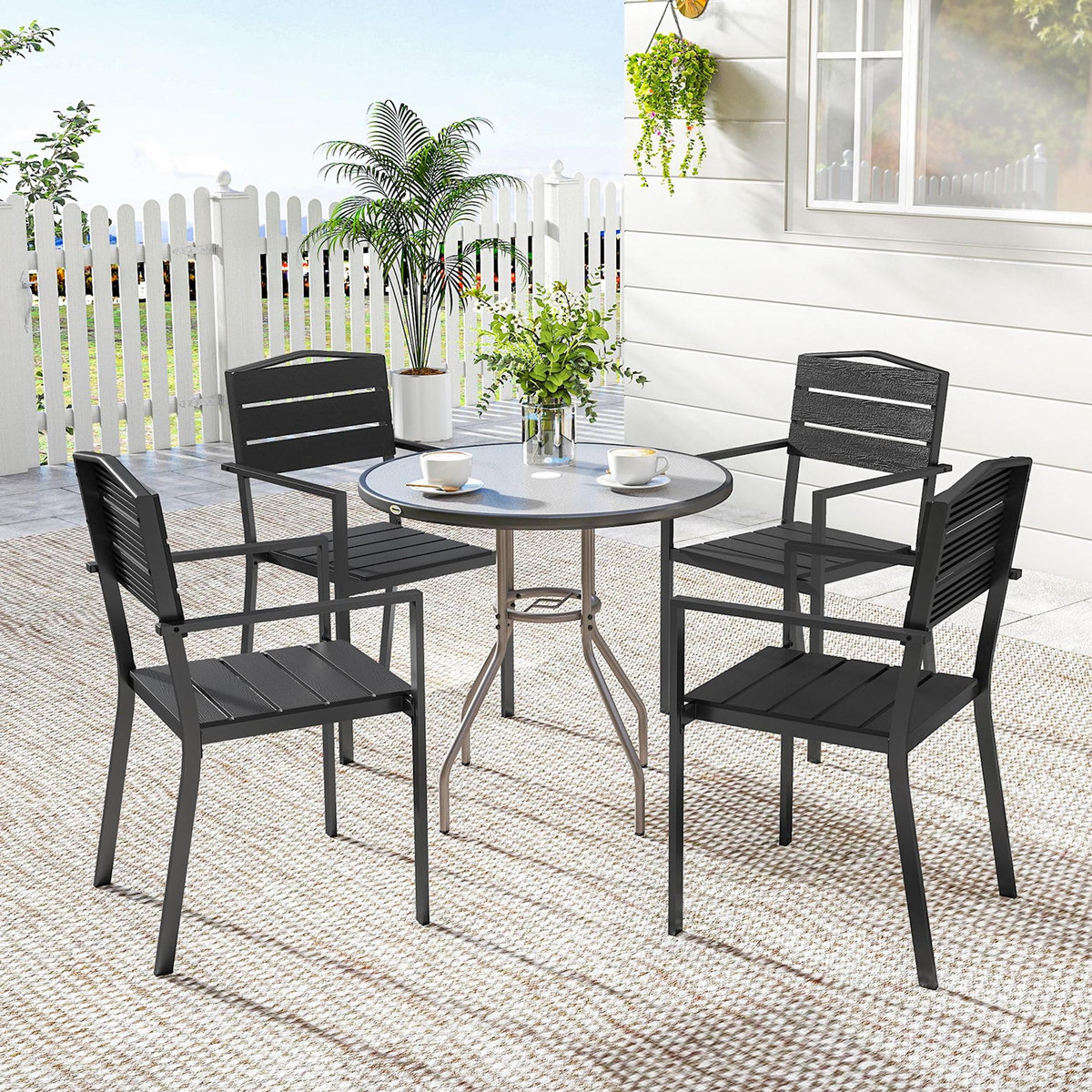 OUTSUNNY Lot de 4 chaises de jardin empilables avec accoudoirs métal époxy HDPE effet bois noir