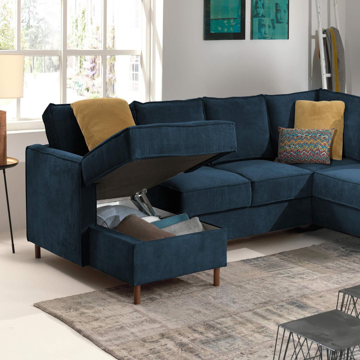 LISA DESIGN Jake - canapé panoramique d'angle droit - convertible avec coffre - 7 places - en velours côtelé