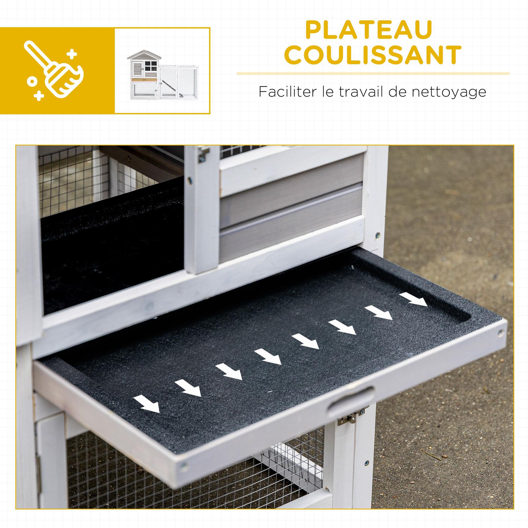Voir la diapositive 6 : PAWHUT Clapier cage à lapins cottage - niche supérieure avec rampe et enclos extérieur - plateau excrément, toit bitumé, 4 portes verrouillables - bois sapin blanc gris