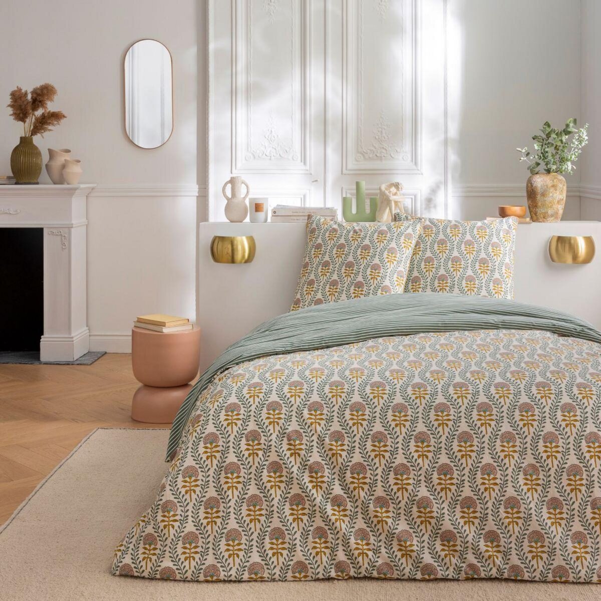 FUTURE HOME Parure de lit 2 personnes floral charme rayé