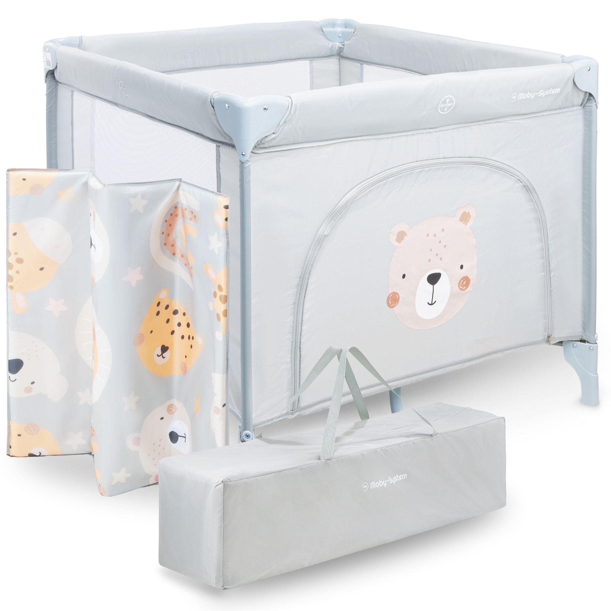 MOBY SYSTEM Parc Bébé Pliable Moby-System Teddy Bear avec Matelas et Sac de Transport, de 0 à 36 Mois