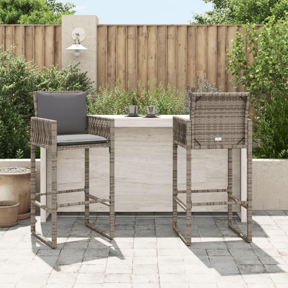 VIDAXL Tabourets de bar jardin coussins lot de 2 gris resine tressee