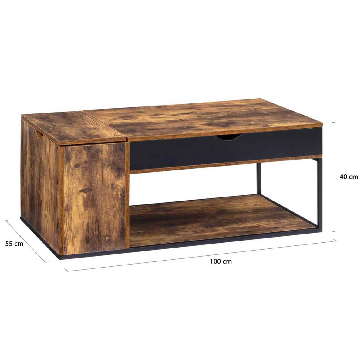 ID MARKET Table basse plateau relevable rectangulaire CHICAGO avec coffre design industriel
