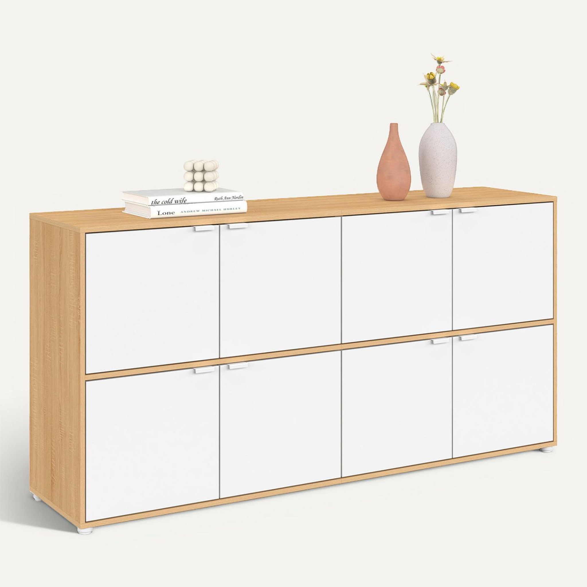 Voir la diapositive 6 : ID MARKET Buffet casier 130 cm cassie 8 portes blanc et bois
