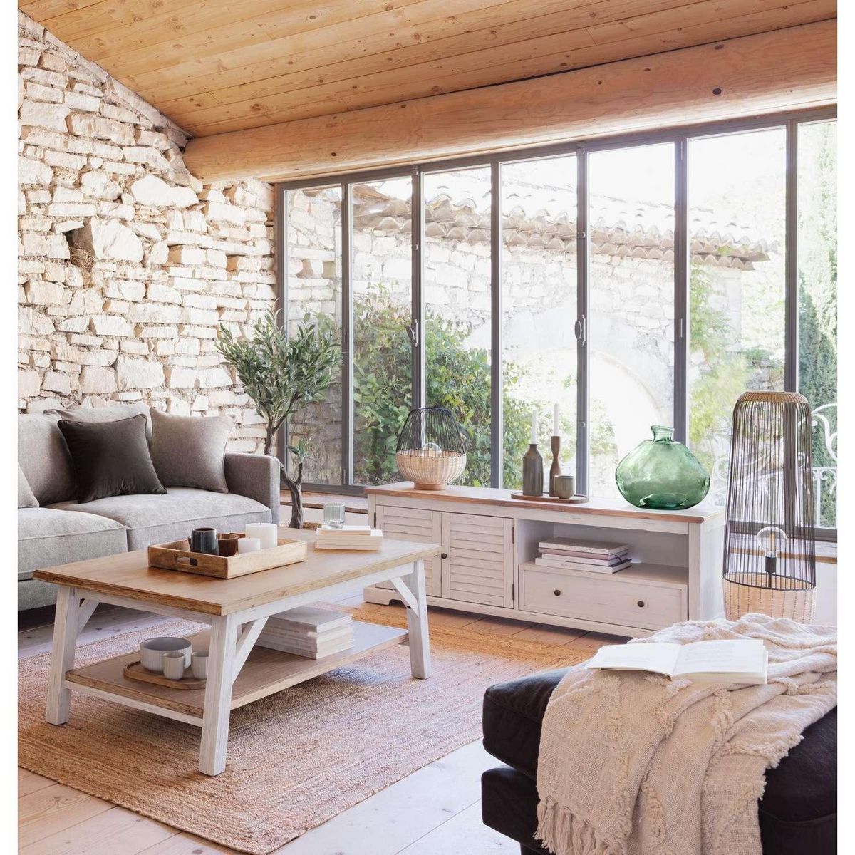 ATMOSPHERA Meuble TV 2 portes et 1 tiroir en bois OLBIA - Blanc et beige