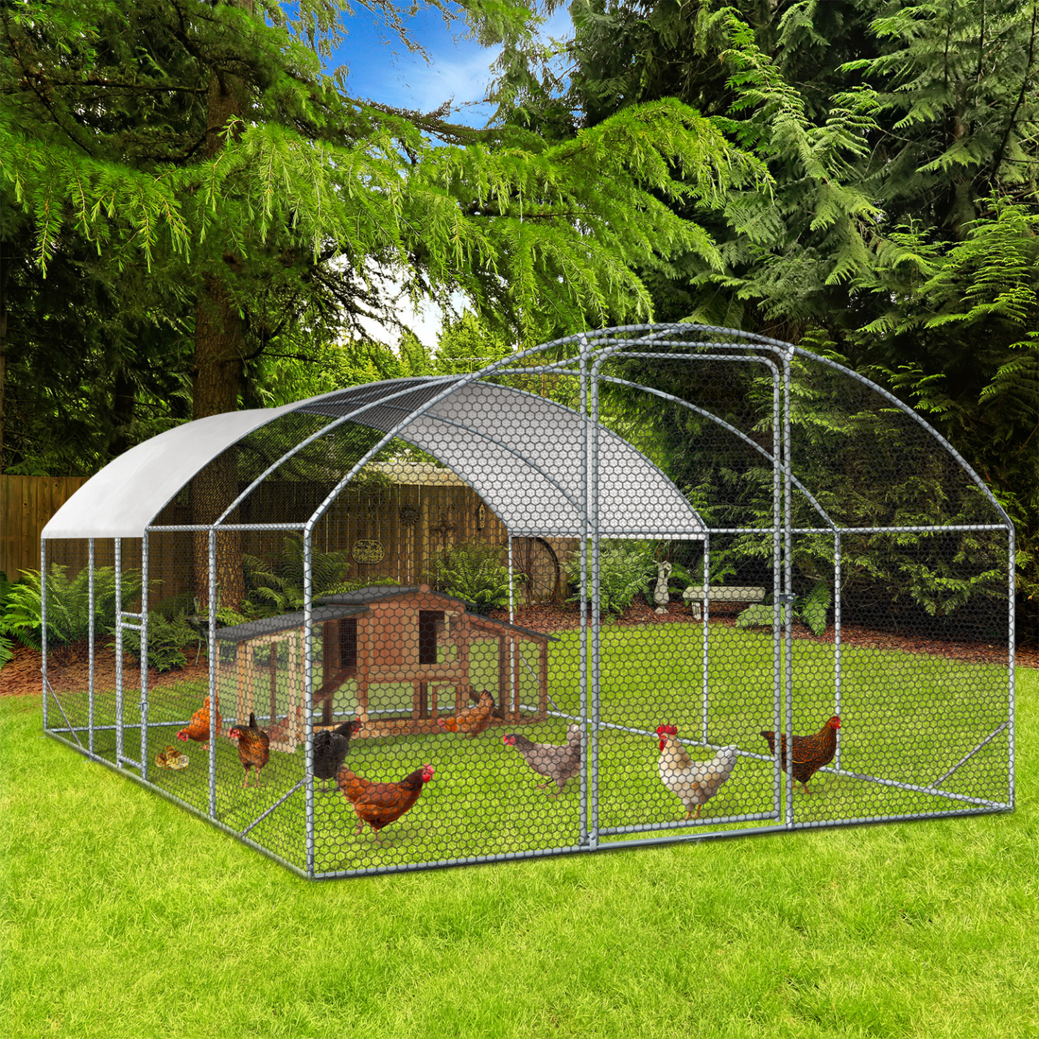 Voir la diapositive 2 : ID MARKET Enclos poulailler dôme 15 m² parc grillagé 3x5 m avec porte latérale