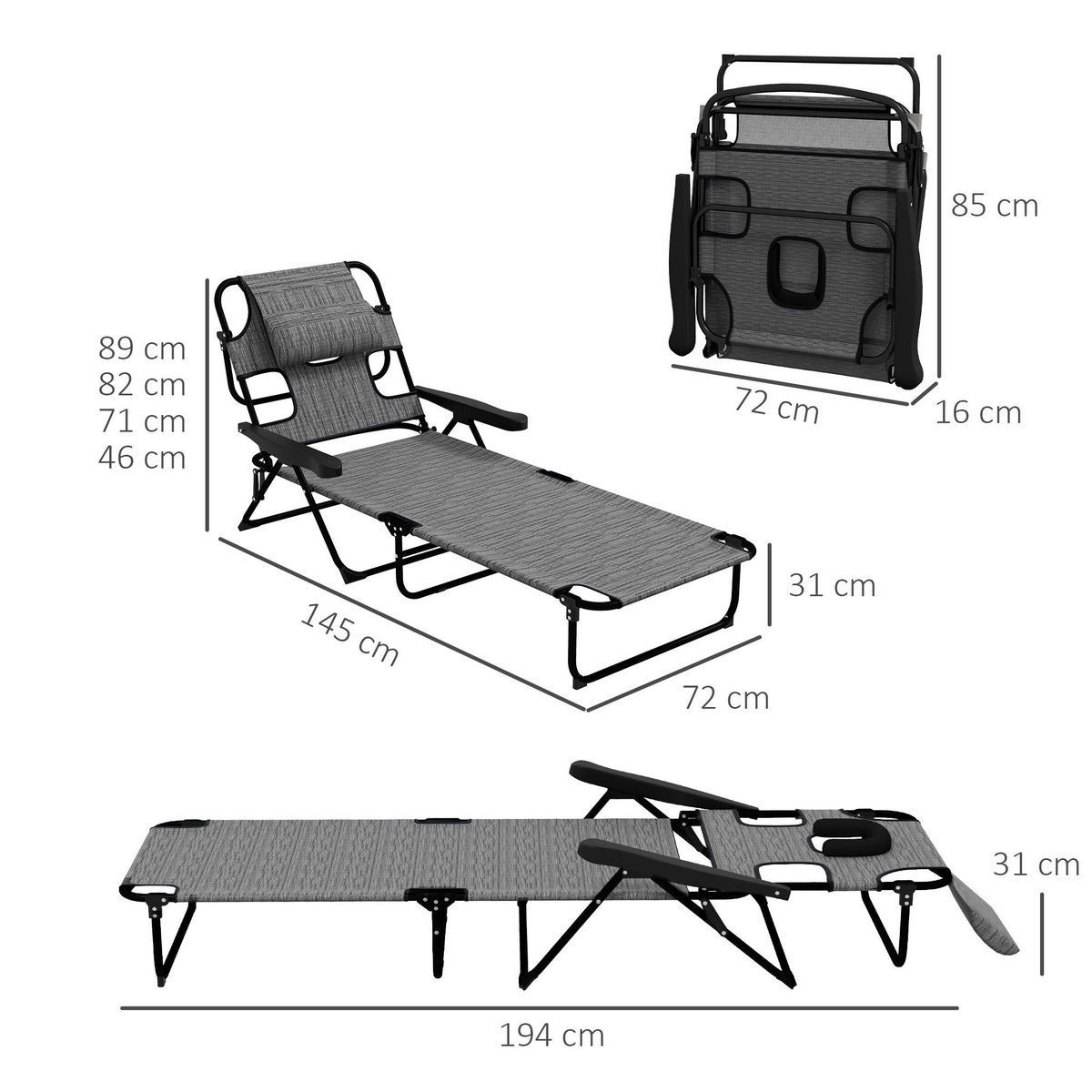 OUTSUNNY Bain de soleil transat pliable inclinable - coussins, espace tête - acier noir polyester gris chiné