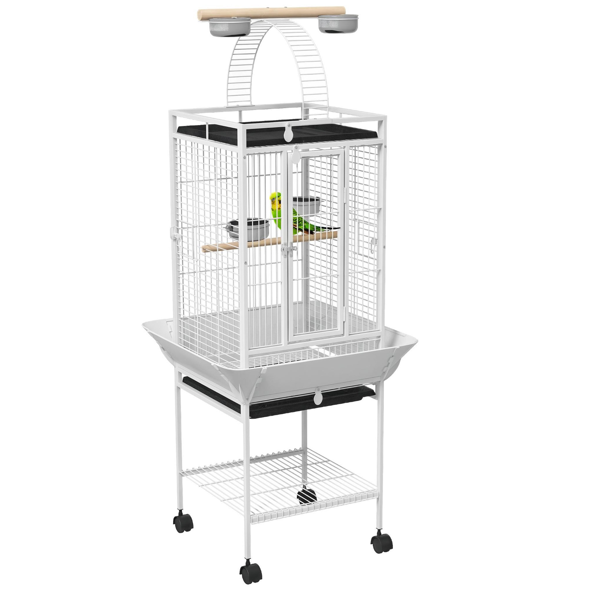 PAWHUT Cage oiseaux à roulettes 62 x 62 x 156 cm plateau coulissant acier blanc