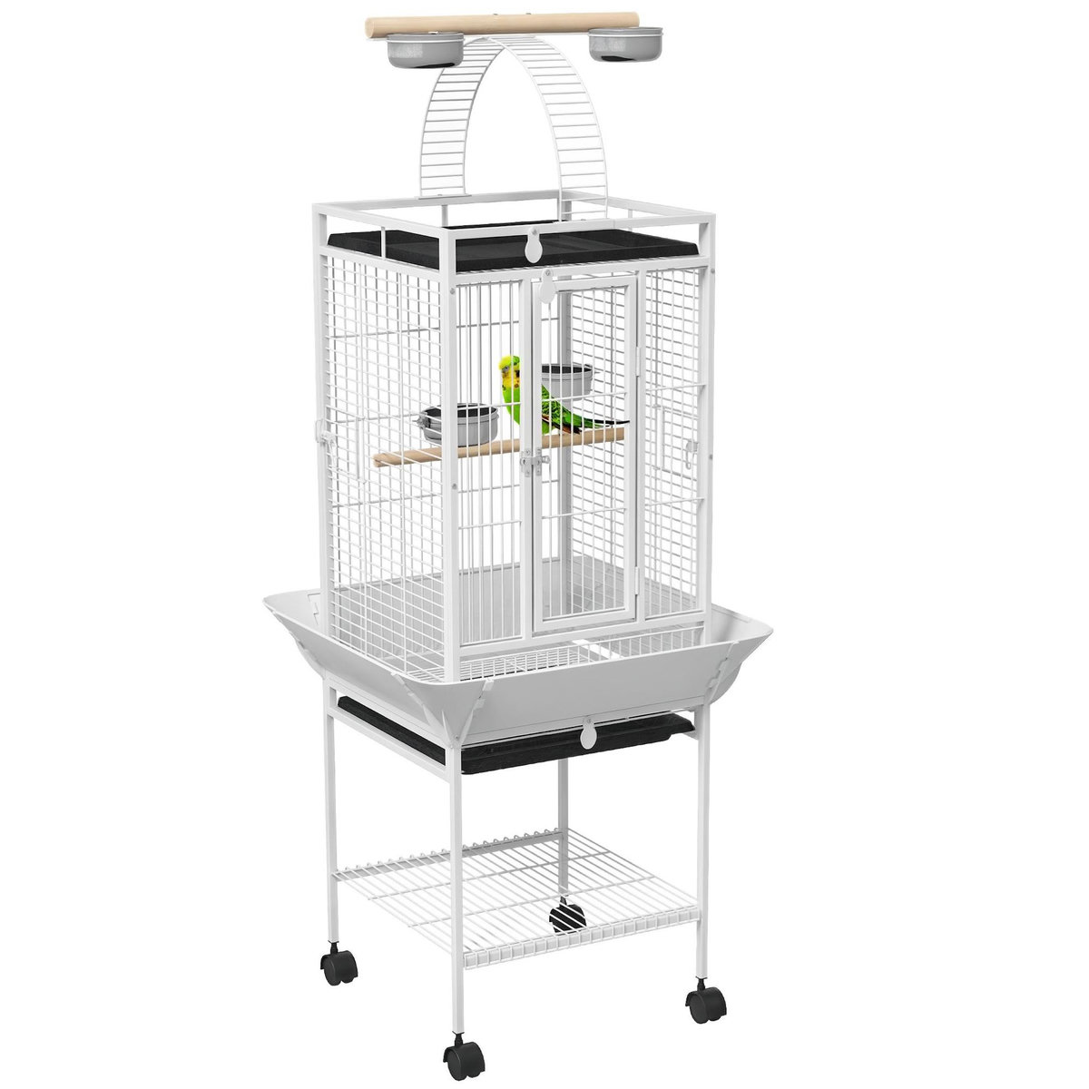 PAWHUT Cage oiseaux à roulettes 62 x 62 x 156 cm plateau coulissant acier blanc