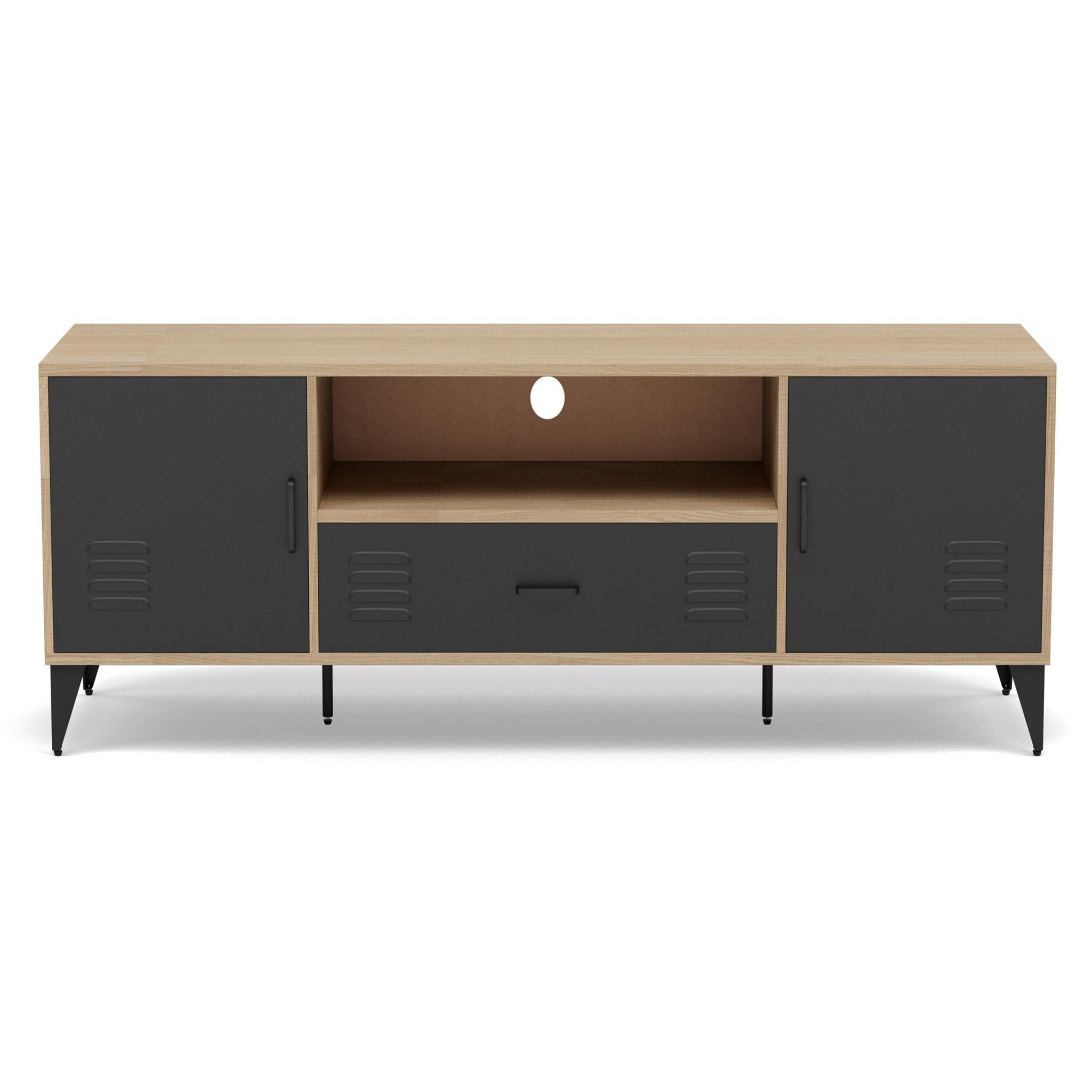 Voir la diapositive 4 : BEST MOBILIER Tribeca - meuble tv - effet bois et métal noir - 2 portes et 1 tiroir - 160 cm