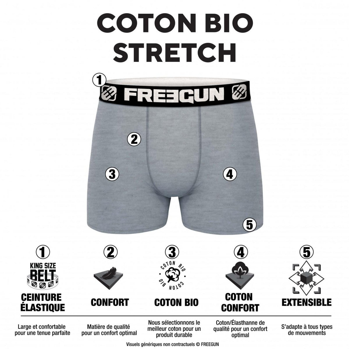 FREEGUN Lot de 4 Boxers homme Coton Bio Noir