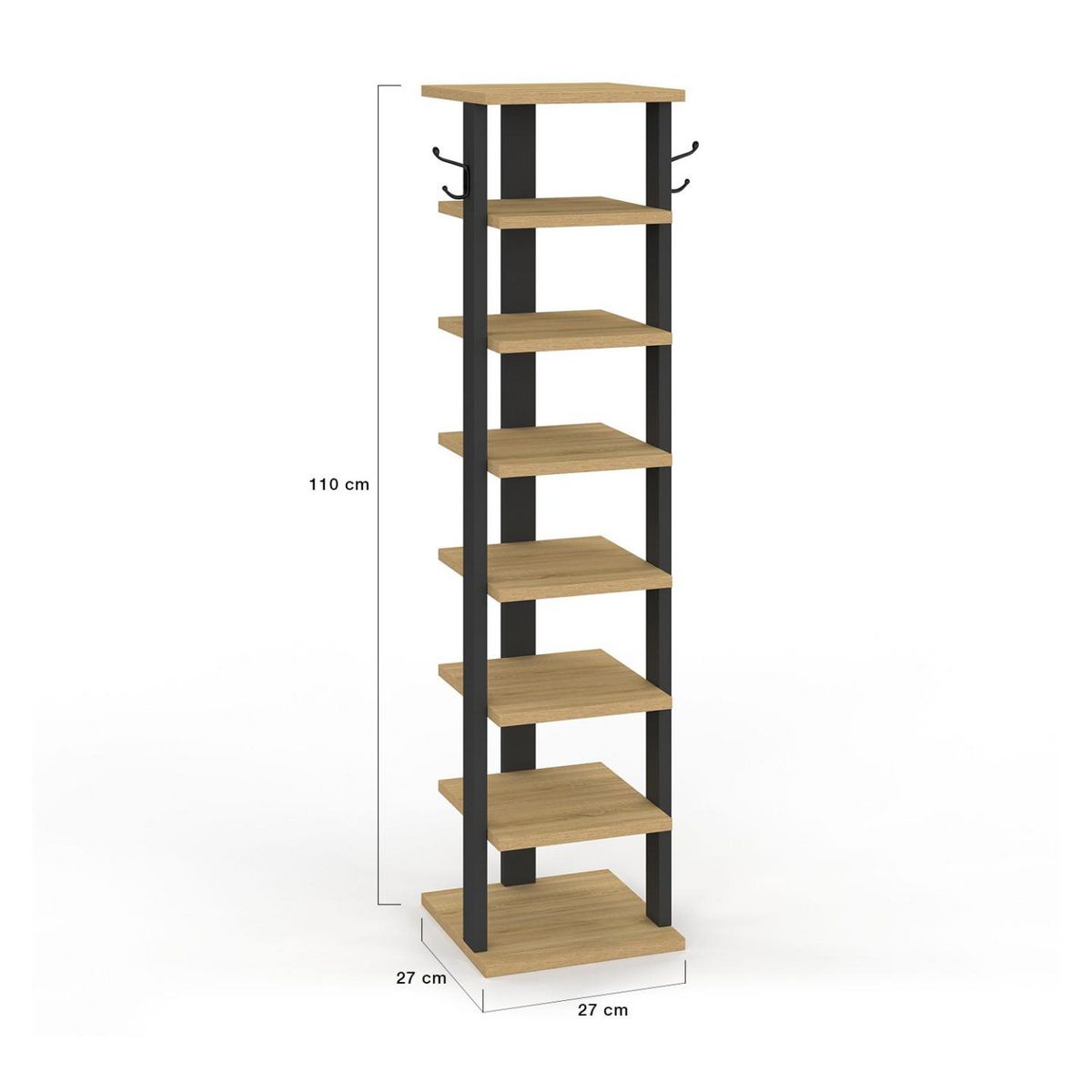 ID MARKET Etagère à chaussures 8 niveaux avec patères bois et noir