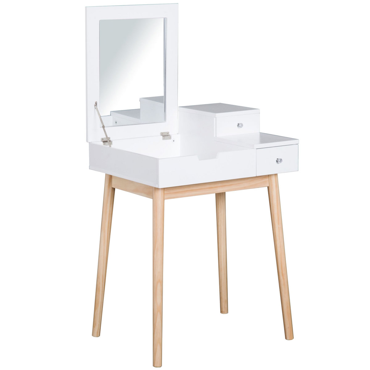 HOMCOM Coiffeuse design scandinave table de maquillage multi-rangements miroir pliable 60L x 50l x 86H cm pin et MDF blanc