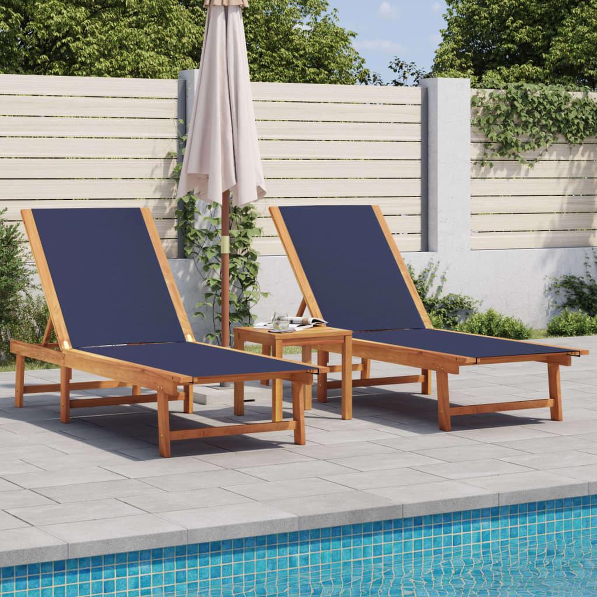 VIDAXL Chaises longues lot de 2 bleu bois d'acacia solide et textilene