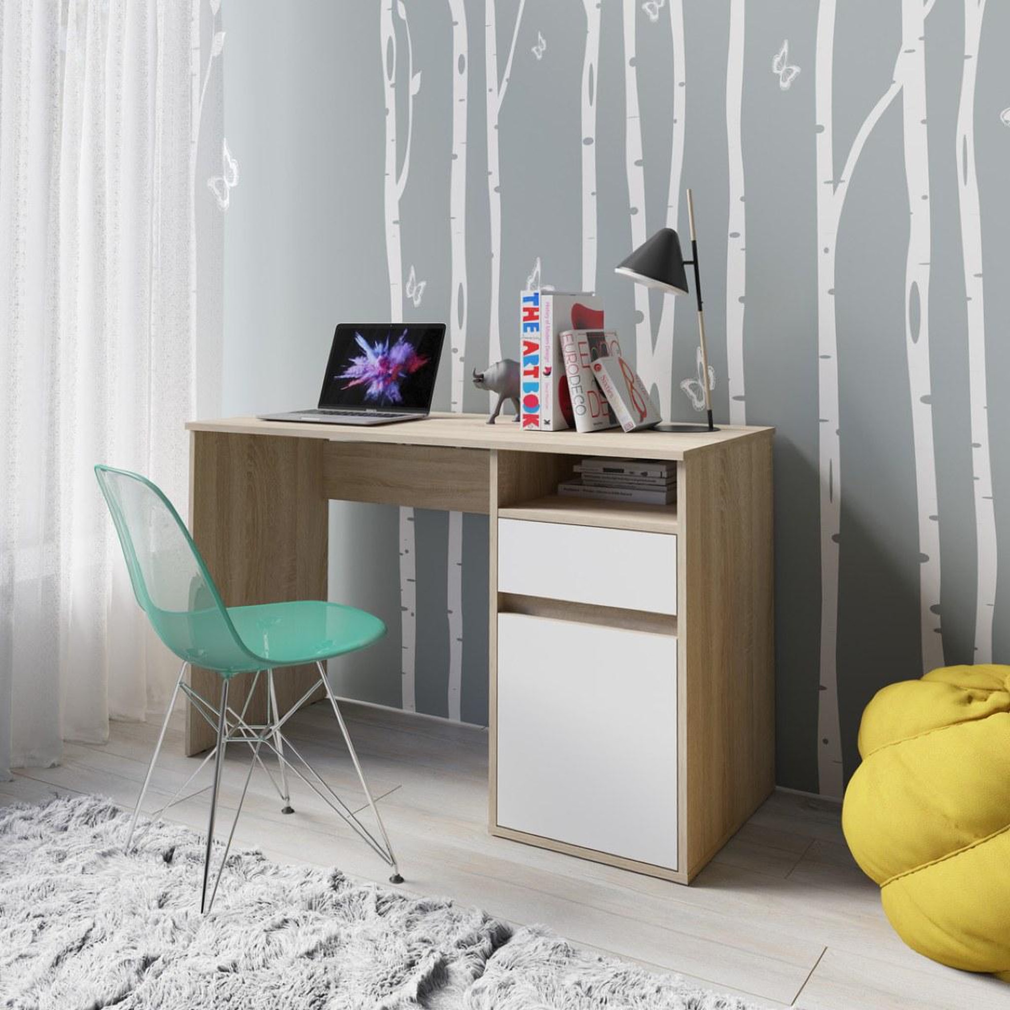 Voir la diapositive 2 : JLC KREATION Bureau moderne bois et blanc 120cm avec rangement ALBI