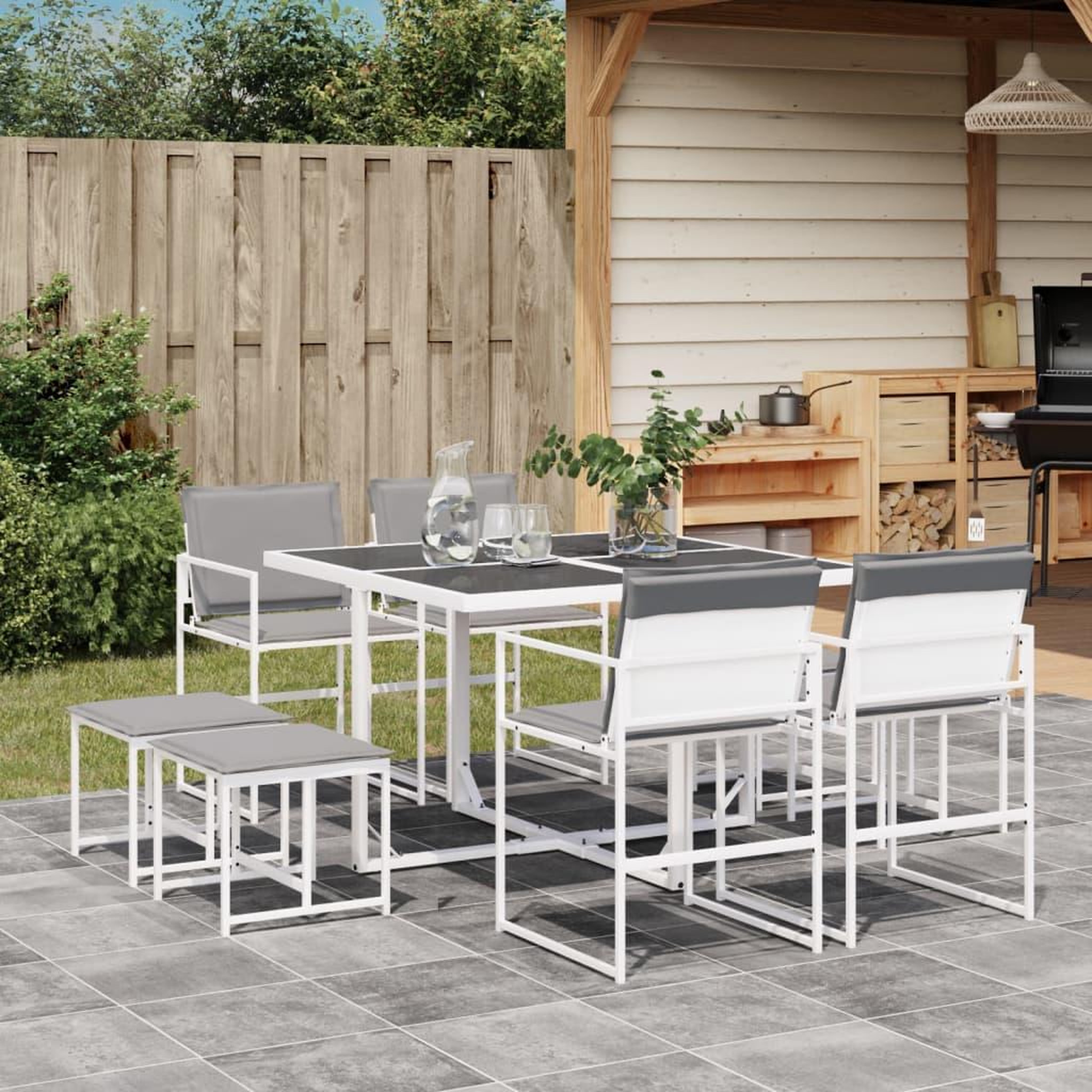 VIDAXL Ensemble a manger de jardin avec coussins 9 pcs blanc textilene