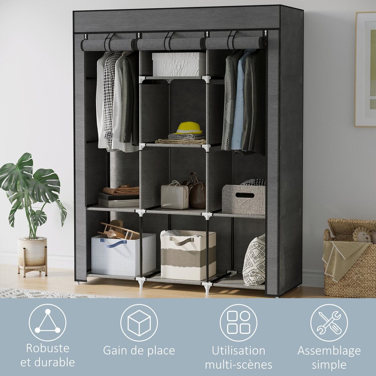HOMCOM Armoire penderie multi-rangement - 8 étagères, 2 barres - dim. 125L x 43l x 162,5H cm - acier noir non tissé gris