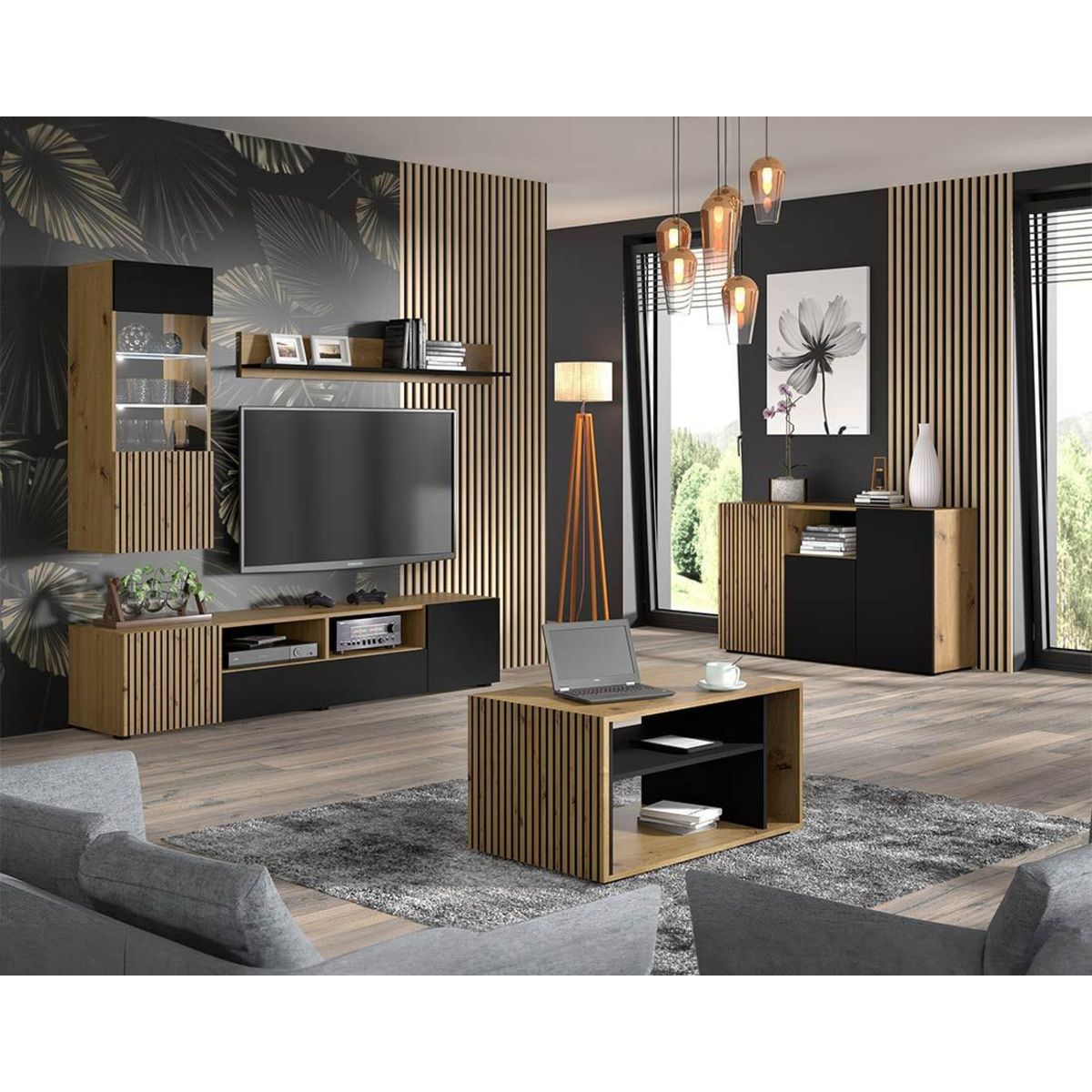 BEST MOBILIER Ozzy - meuble tv - effet bois et noir - 200 cm