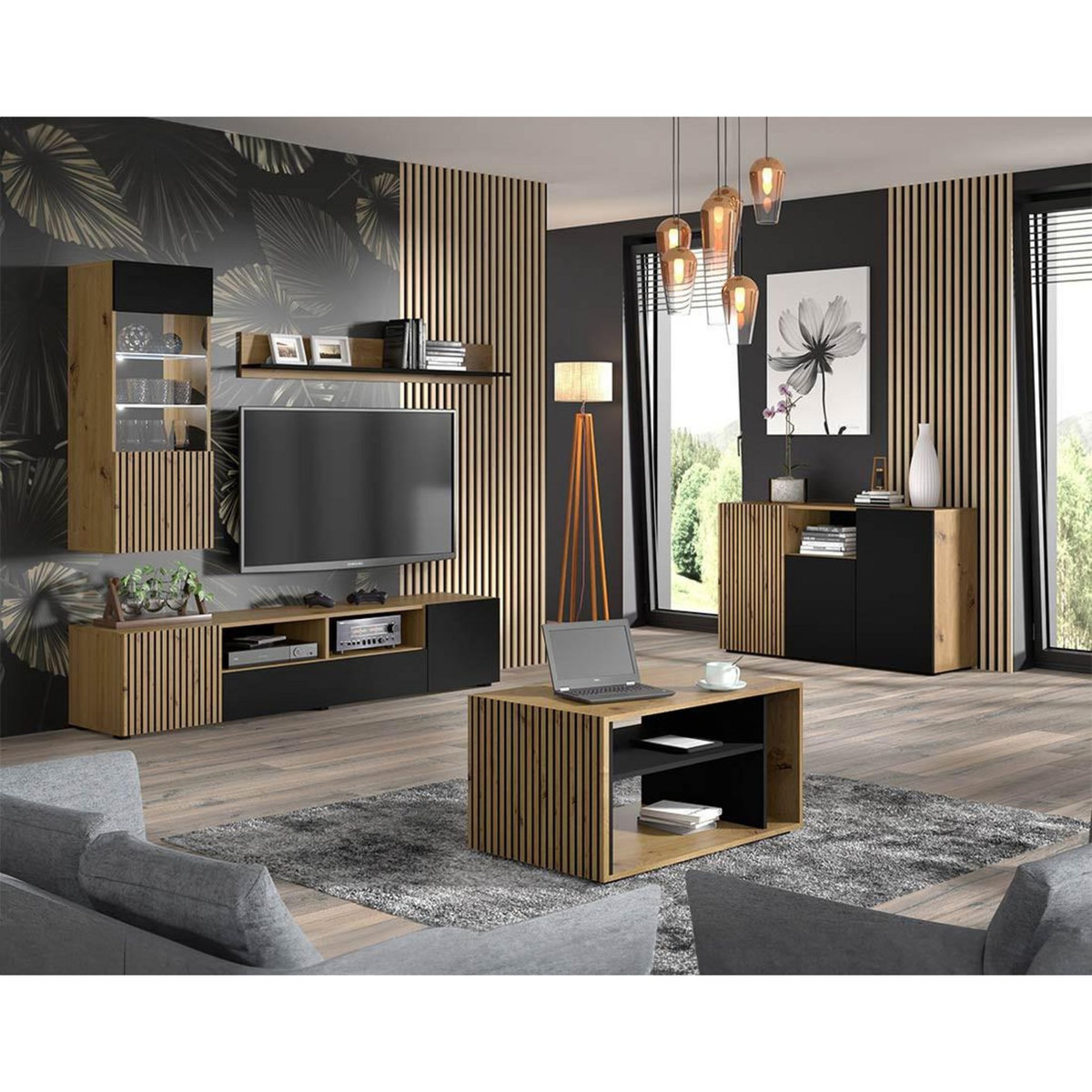 BEST MOBILIER Ozzy - meuble tv - effet bois et noir - 200 cm