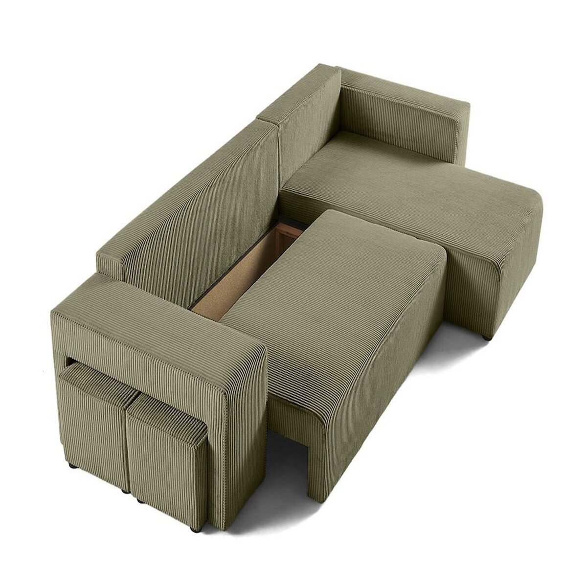 BEST MOBILIER Topaze - canapé d'angle réversible 4 places - convertible avec coffre, tablette et poufs - en velours côtelé