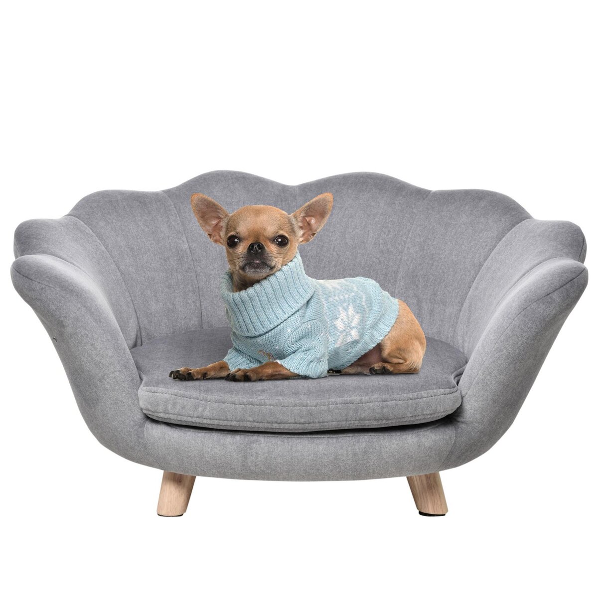 PAWHUT Canapé chien lit pour chien design contemporain coquillage coussin moelleux amovible piètement bois de pin gris
