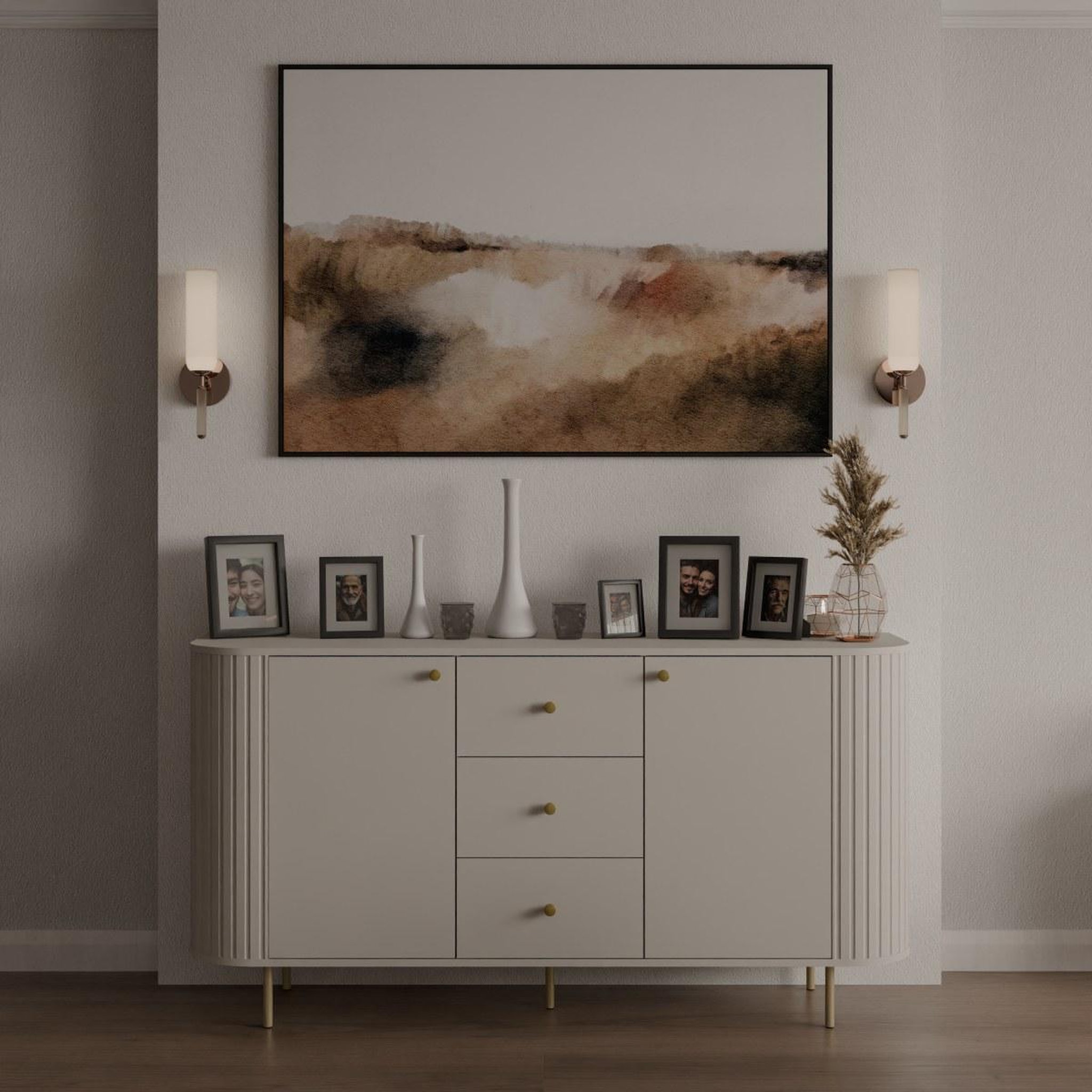 Voir la diapositive 2 : JLC KREATION Buffet bas arrondi beige cachemire avec tiroirs 165cm lilio