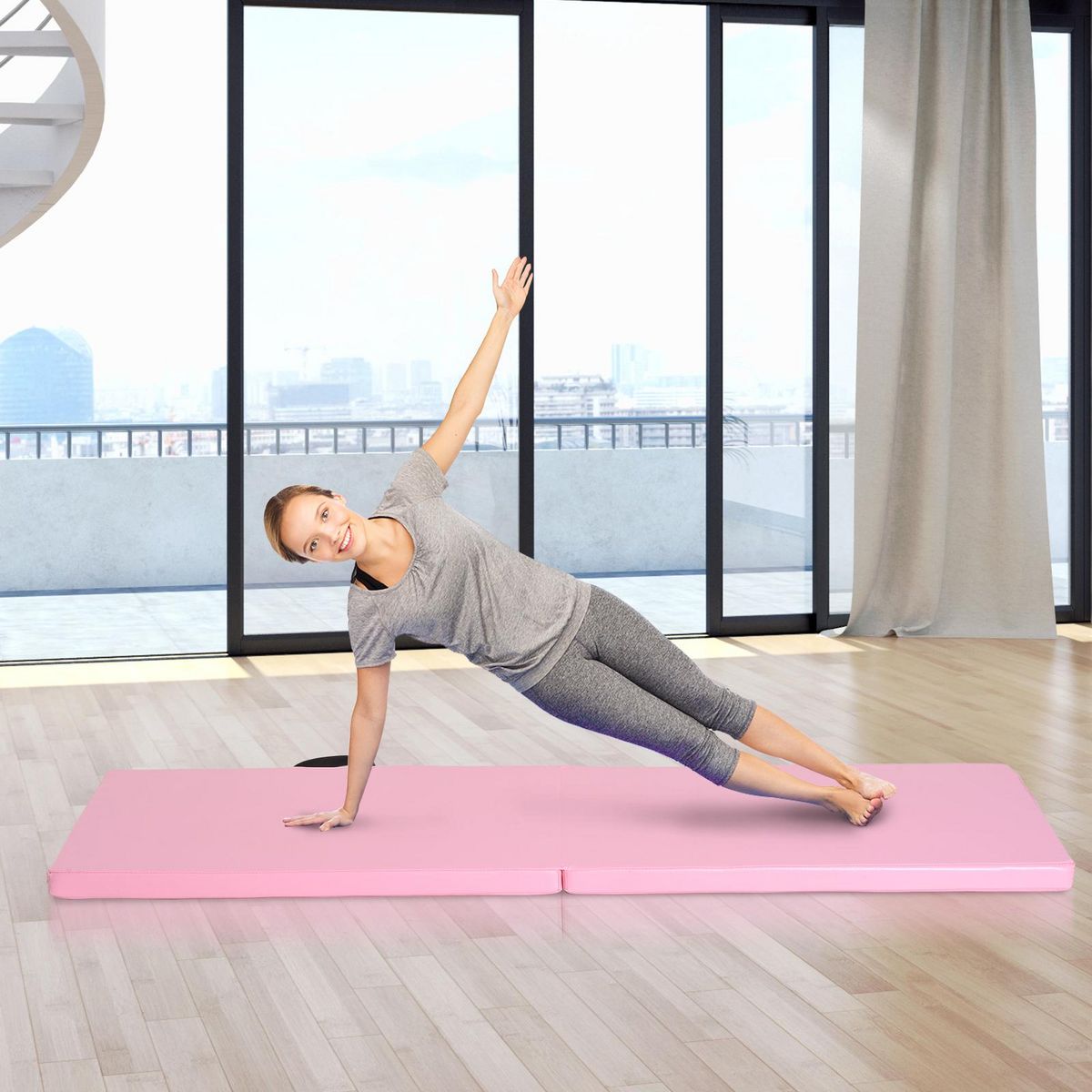 HOMCOM Tapis de gymnastique yoga pilates fitness pliable portable grand confort 180L x 60l x 5H cm revêtement synthétique rose