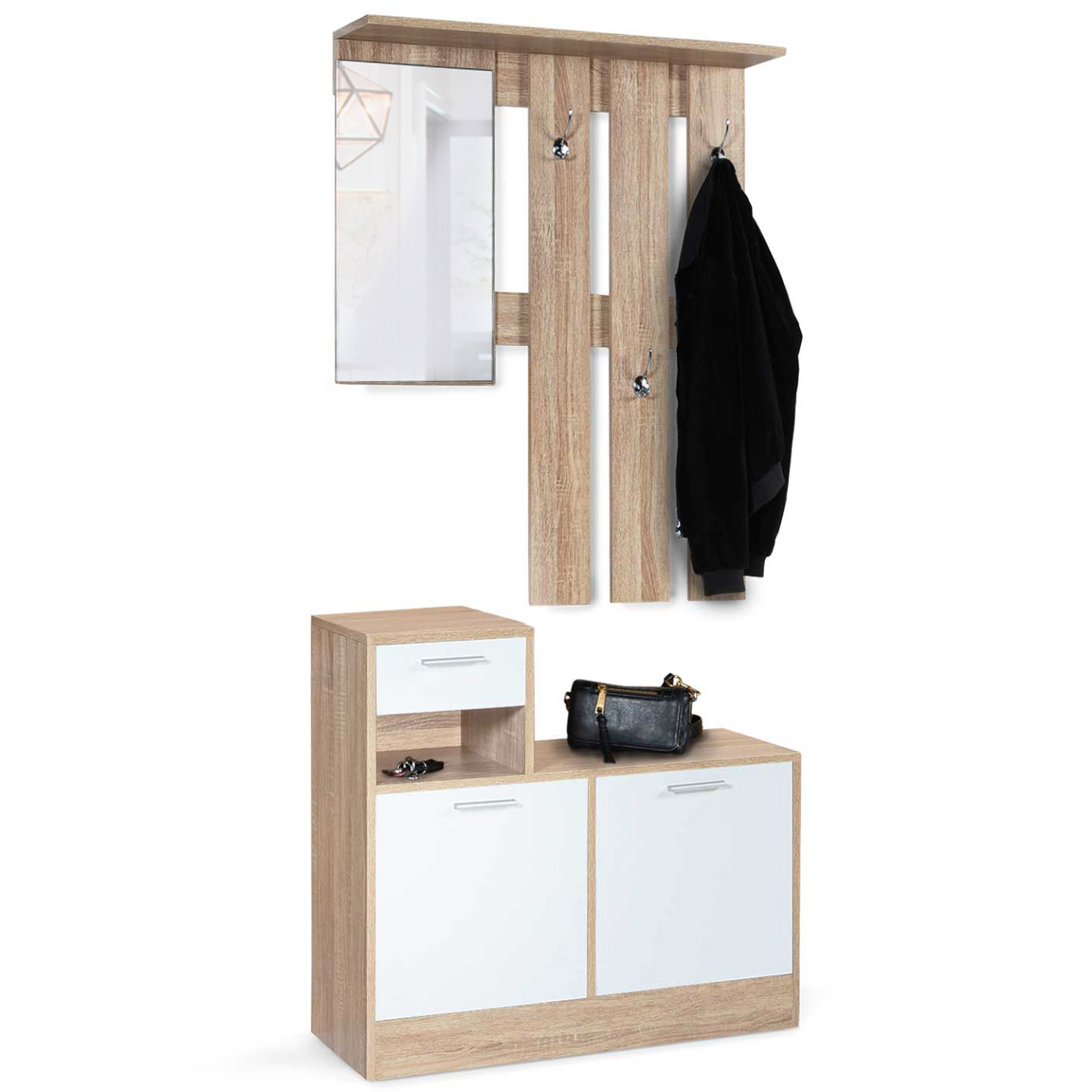 ID MARKET Vestiaire d'entrée avec miroir paulin design hêtre portes blanches