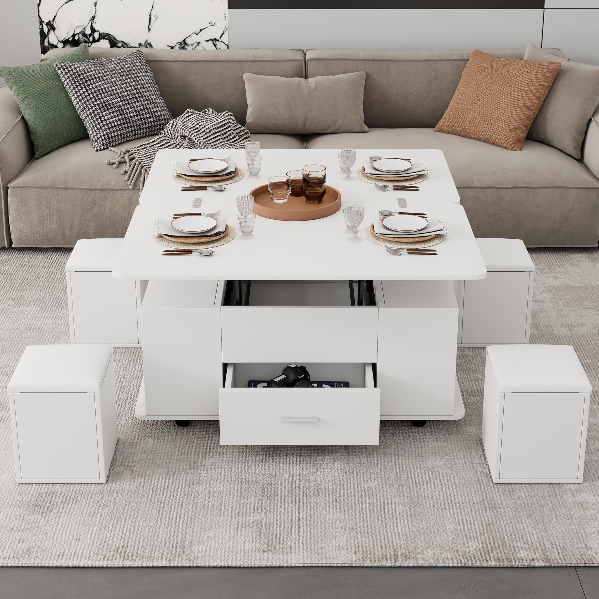 Voir la diapositive 4 : MERAX Table basse relevable rectangulaire blanc - 50x100 cm panneau de particules