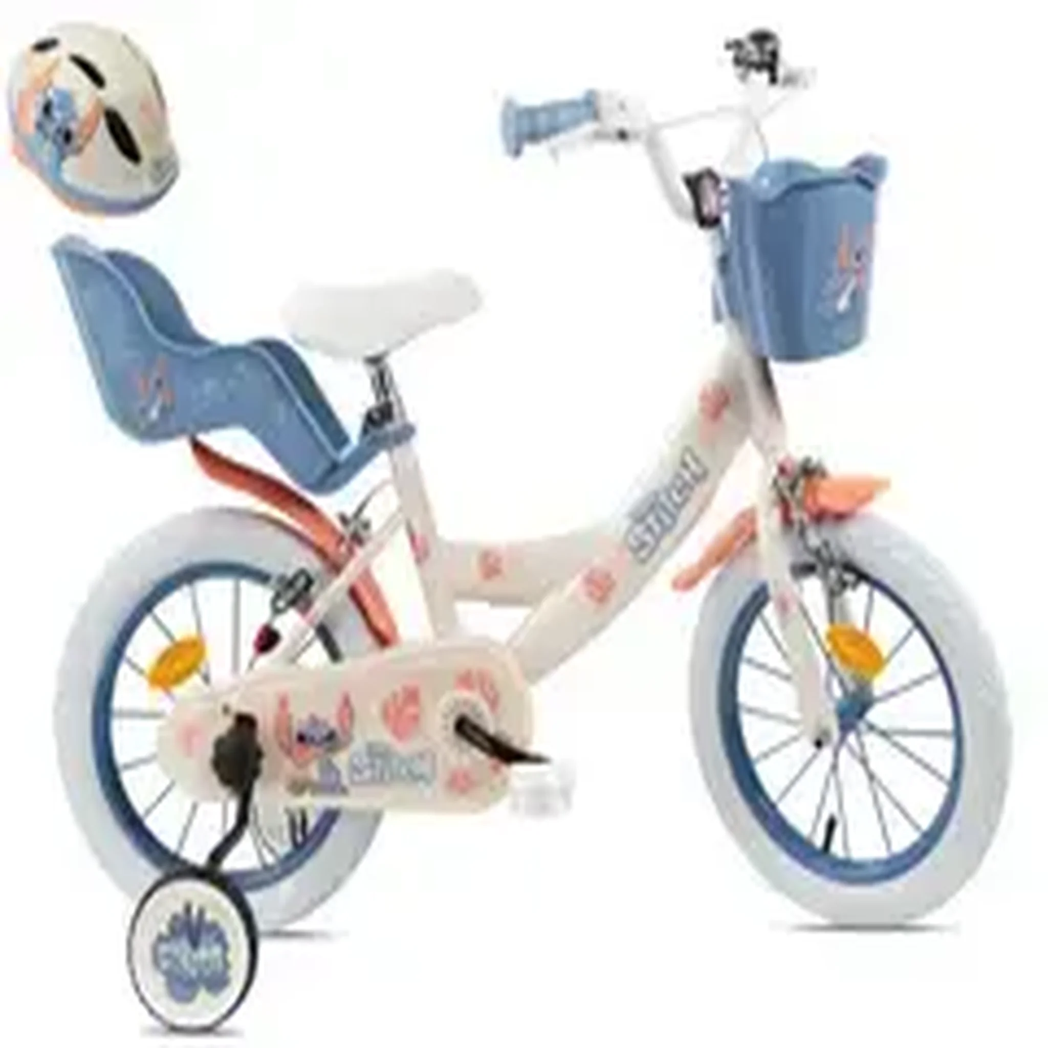 DISNEY Vélo enfant 14'' STITCH / DISNEY pour enfant de 90 cm à 110 cm avec 2 freins, panier, porte poupée avec Casque inclus