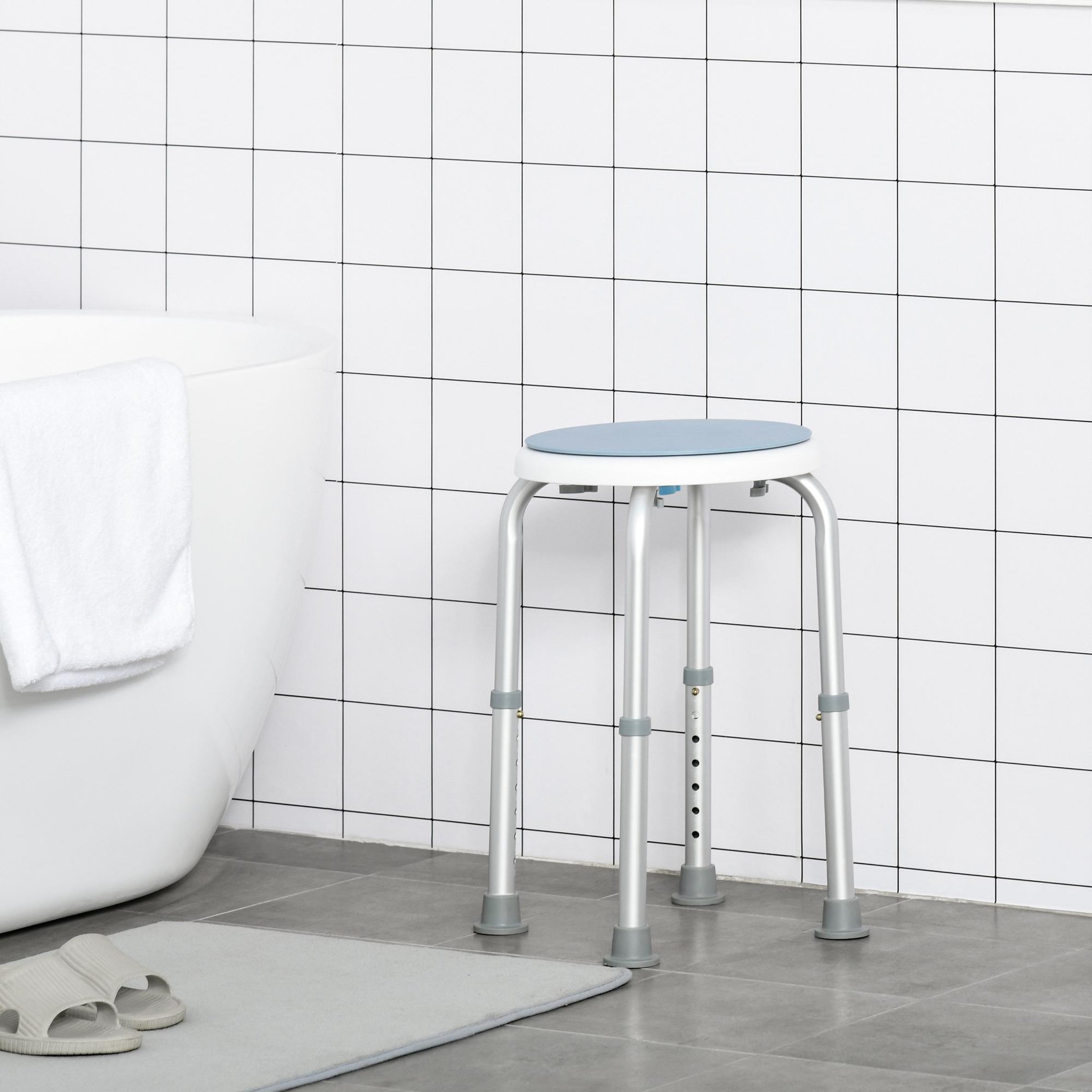Voir la diapositive 2 : HOMCOM Tabouret de douche siège de douche - hauteur réglable, pivotant 360° - alu pp blanc bleu