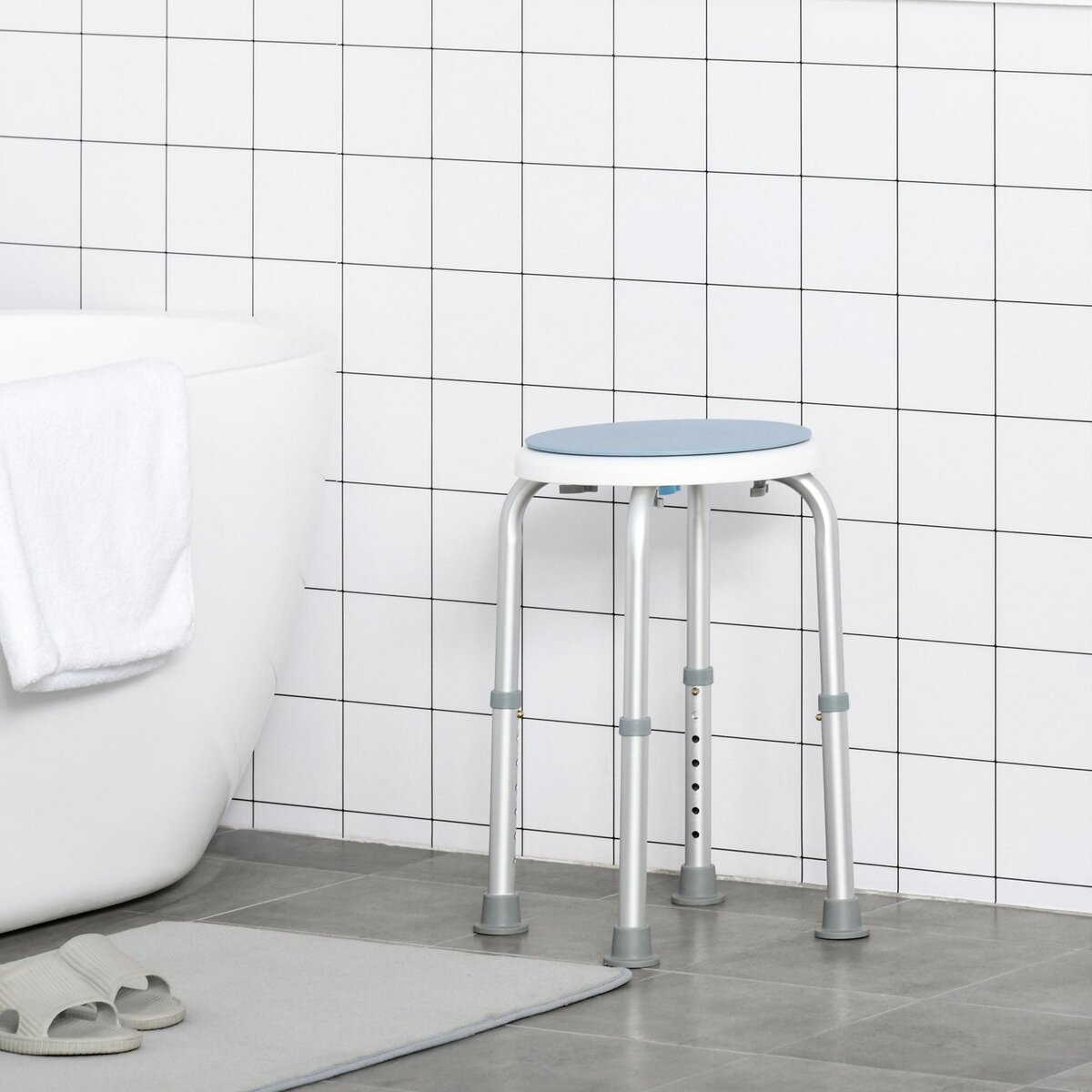 HOMCOM Tabouret de douche siège de douche - hauteur réglable, pivotant 360° - alu PP blanc bleu