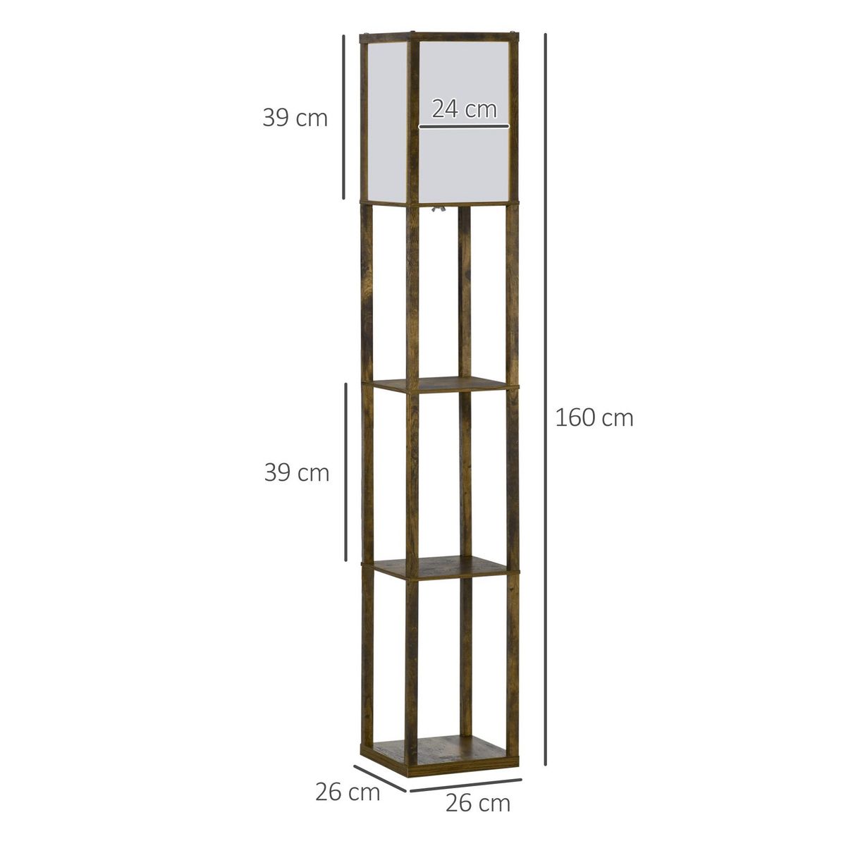 HOMCOM Lampadaire étagère lampe étagère 26L x 26l x 160H cm 3 étagères 4 niveaux MDF aspect bois vieilli