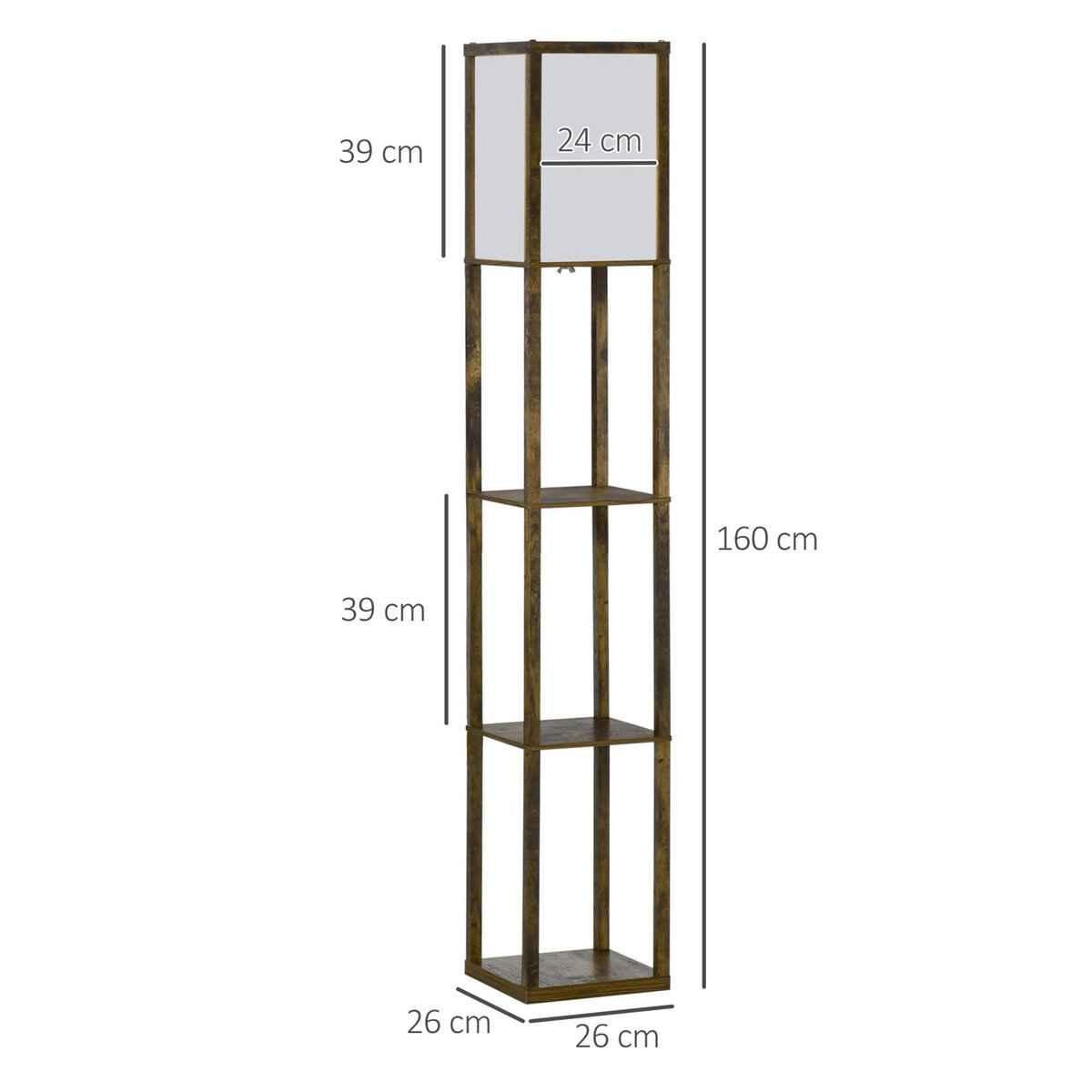 HOMCOM Lampadaire étagère lampe étagère 26L x 26l x 160H cm 3 étagères 4 niveaux MDF aspect bois vieilli