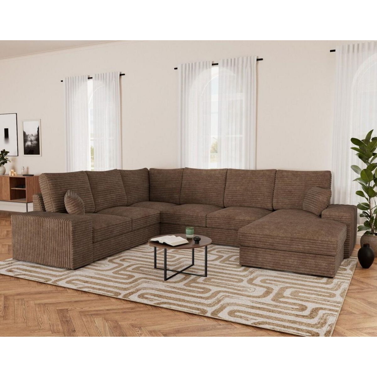 BEST MOBILIER Lorie - canapé panoramique d'angle gauche 7 places convertible en velours côtelé grosse côte avec coffre