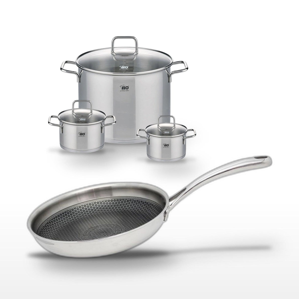 ELO Lot de 3 Faitouts Elo Relief Evolution 14/16/26cm et Poêle 24cm