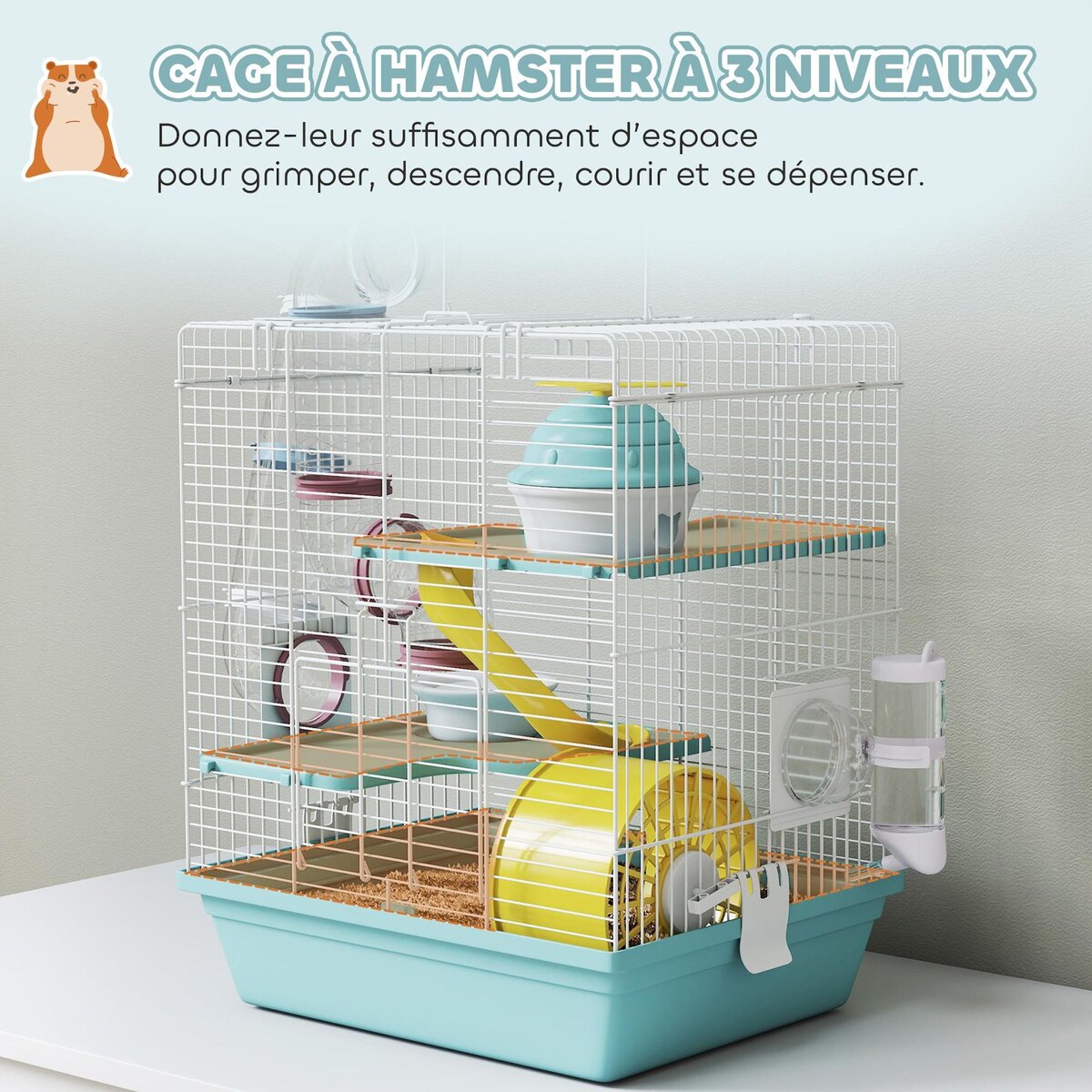 PAWHUT Cage rongeur hamster 3 niveaux cabane roue tunnel toboggan biberon mangeoire 34 x 27 x 41 cm blanc bleu